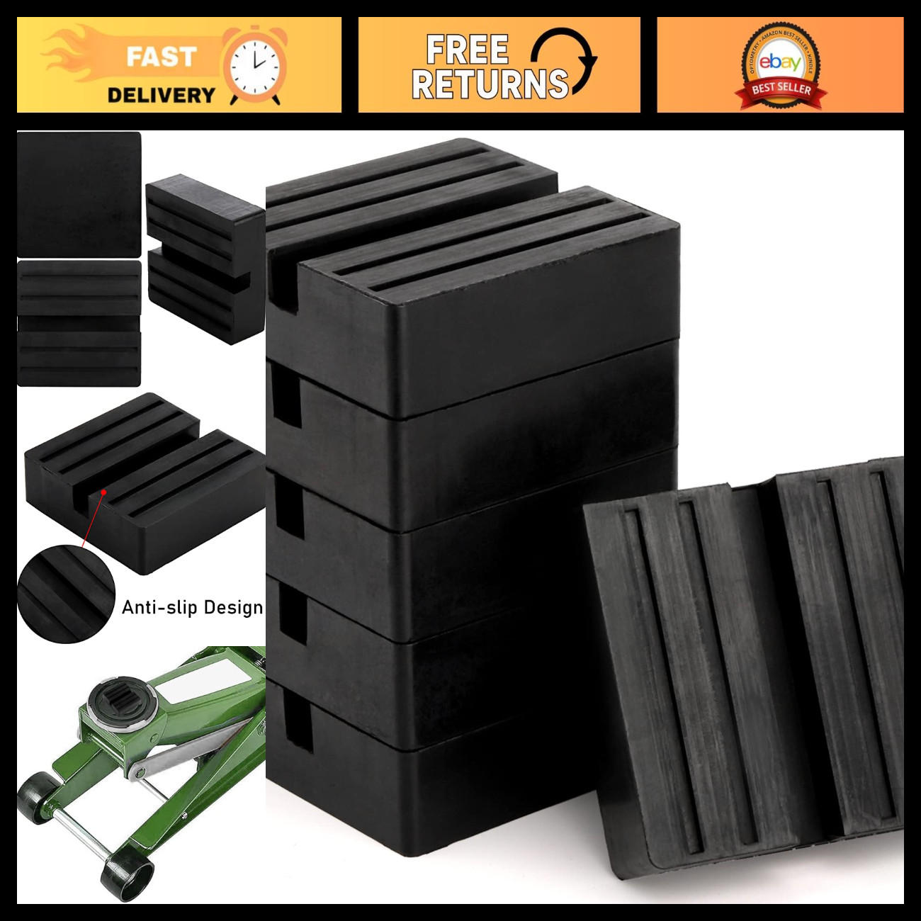 6 Pack Universal Floor Jack Rubber Pad - Anti-Slip Frame Adapter for Car Lift, 3
