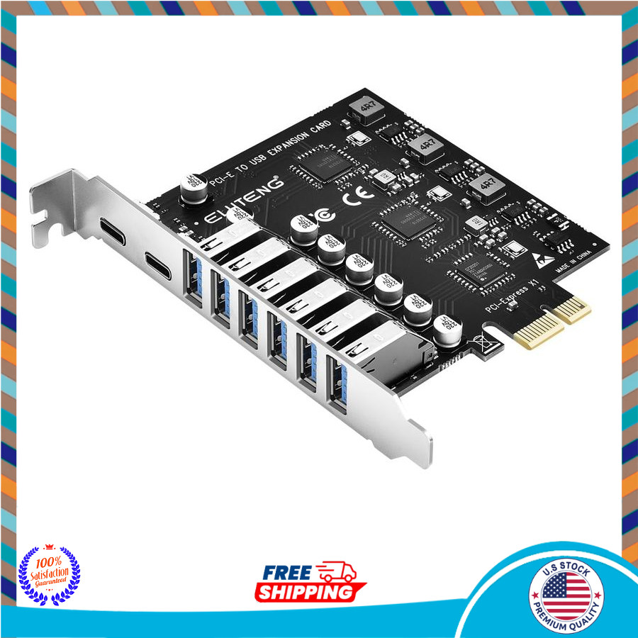 PELUTENG PCIe USB 3.2 Card 8 Port 6 USB-A 2 USB-C w/ Power Module, Superspeed