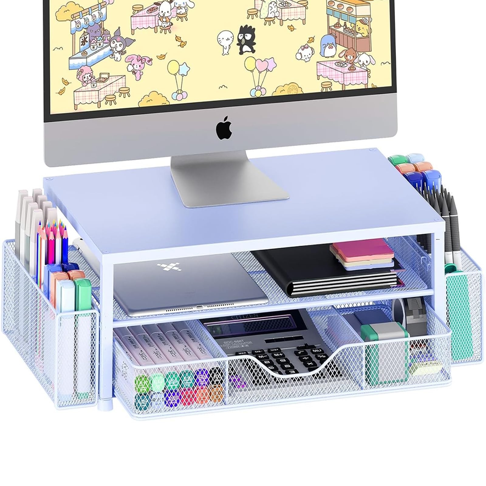 OPNICE Desk Organizer, Monitor With Drawer and 2 Pen Holders, Blue 1-Pack