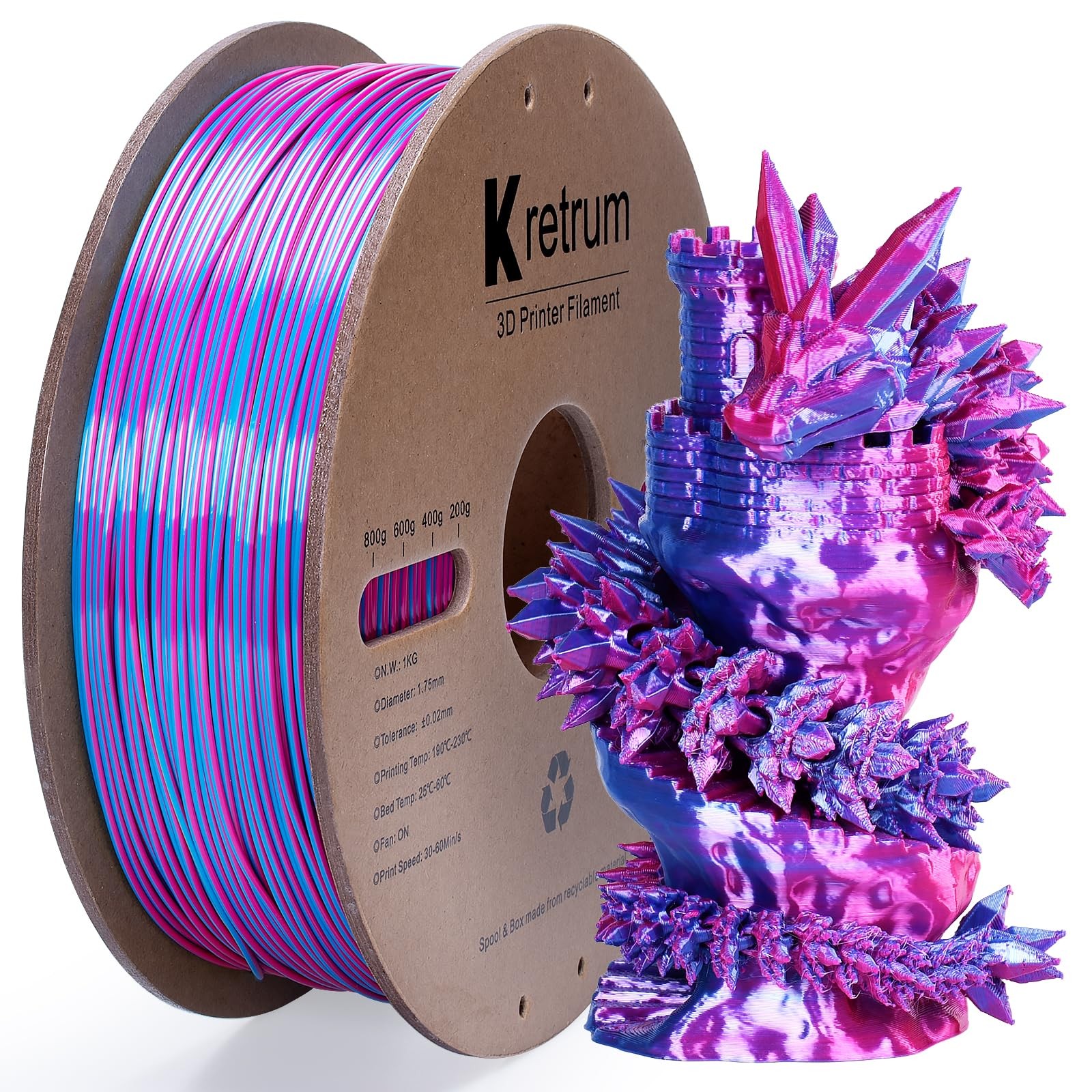 Kretrum Dual Color Silk PLA 3D Printer Filament 1.75mm Silk PLA Color Changin...