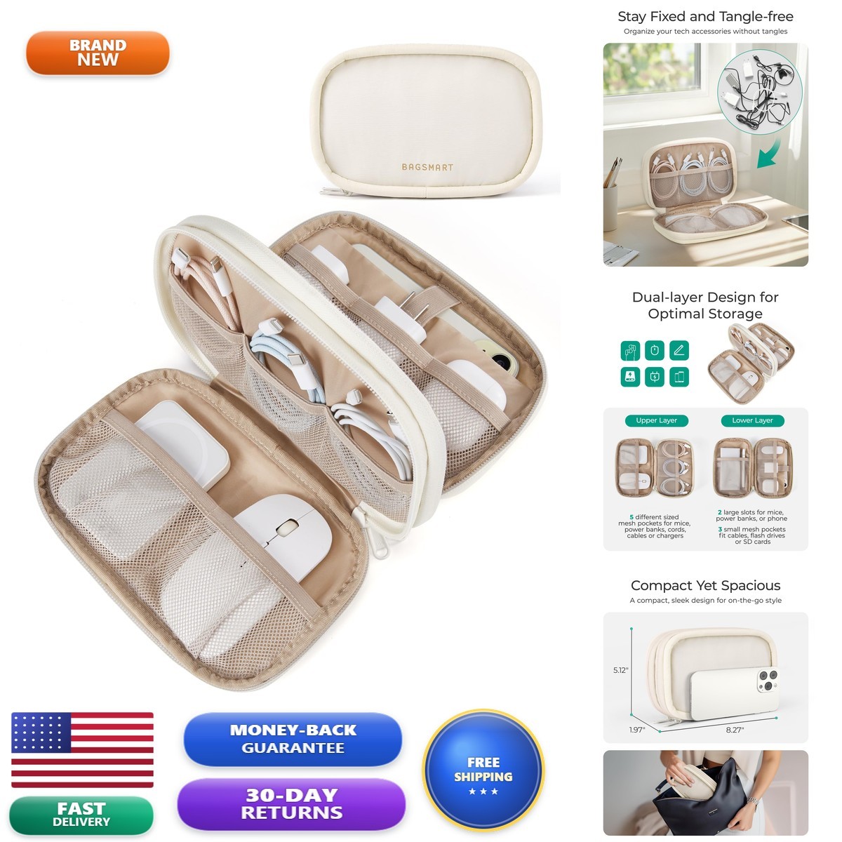 BAGSMART Electronics Organizer Travel Case Cords Chargers Phones, Beige