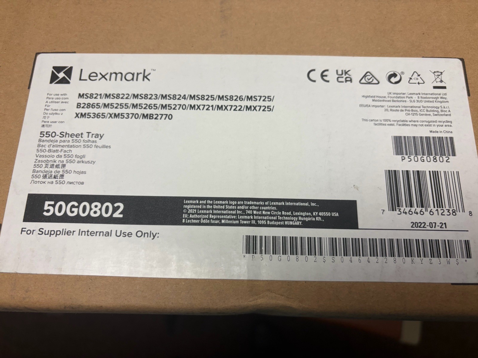Genuine Lexmark 50G0820 250 Sheet Lockable Tray B2865 M5255/5265/5270 MB2770
