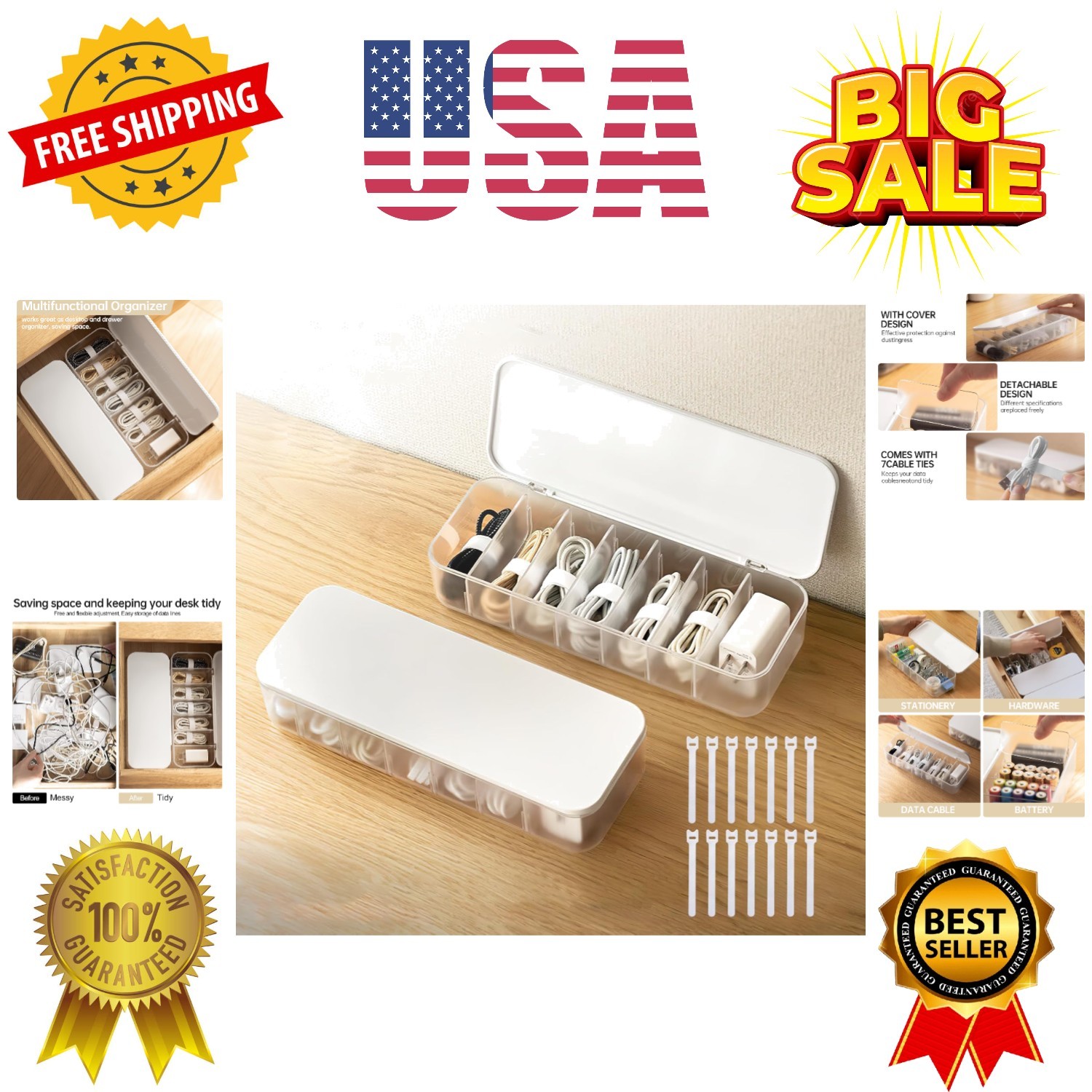 2 Pcs Cable Organizer Storage Box with 14 Wire Ties,Desktop Cable Management ...