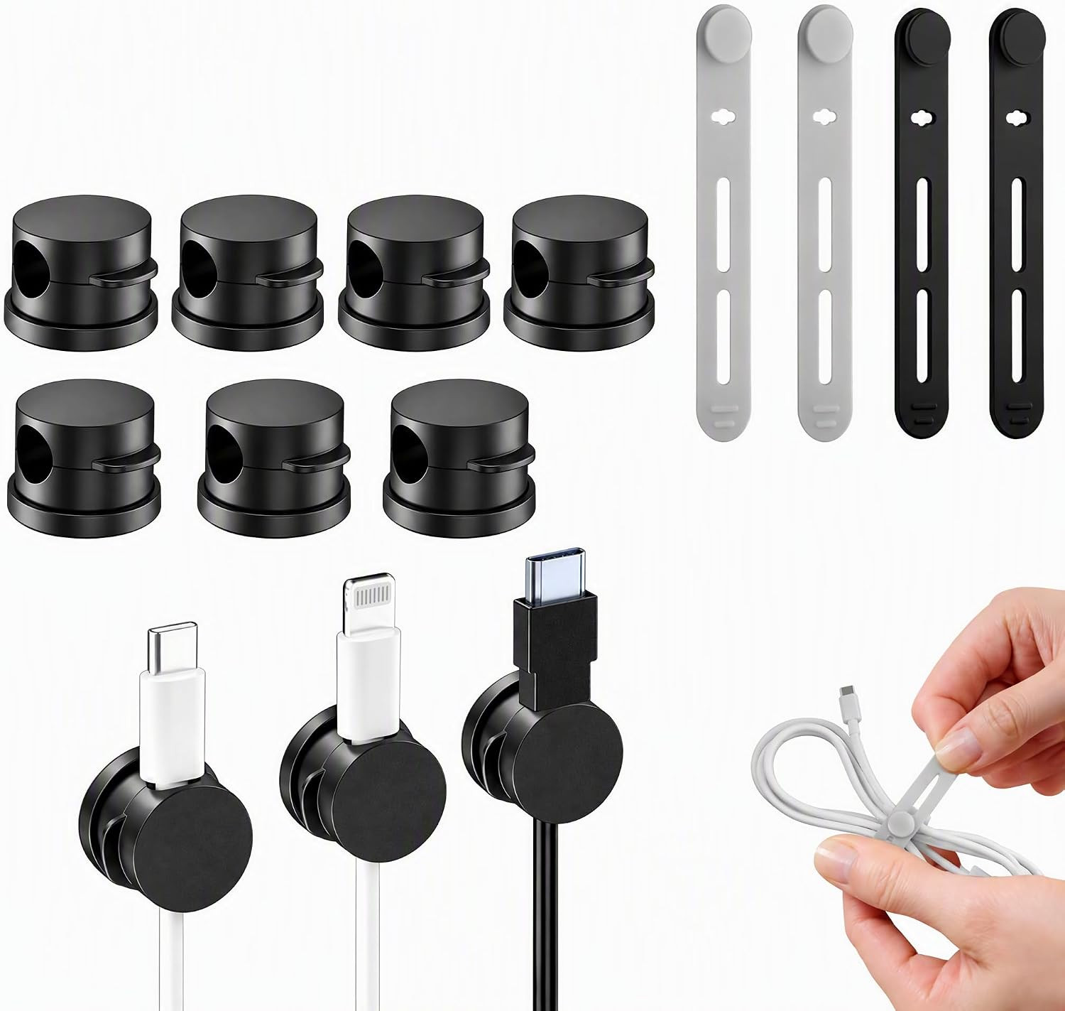 10 Pack Rotatable Cable Clips & Silicone Cable Straps Set