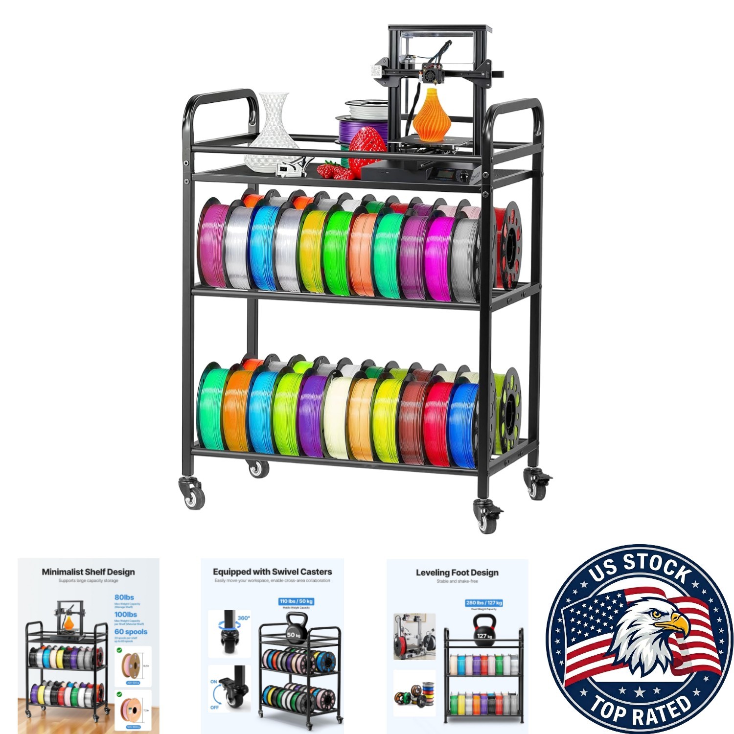 Effortless Mobility 3D Printer Storage Rack - 4-Tier Rolling Shelf Organizer