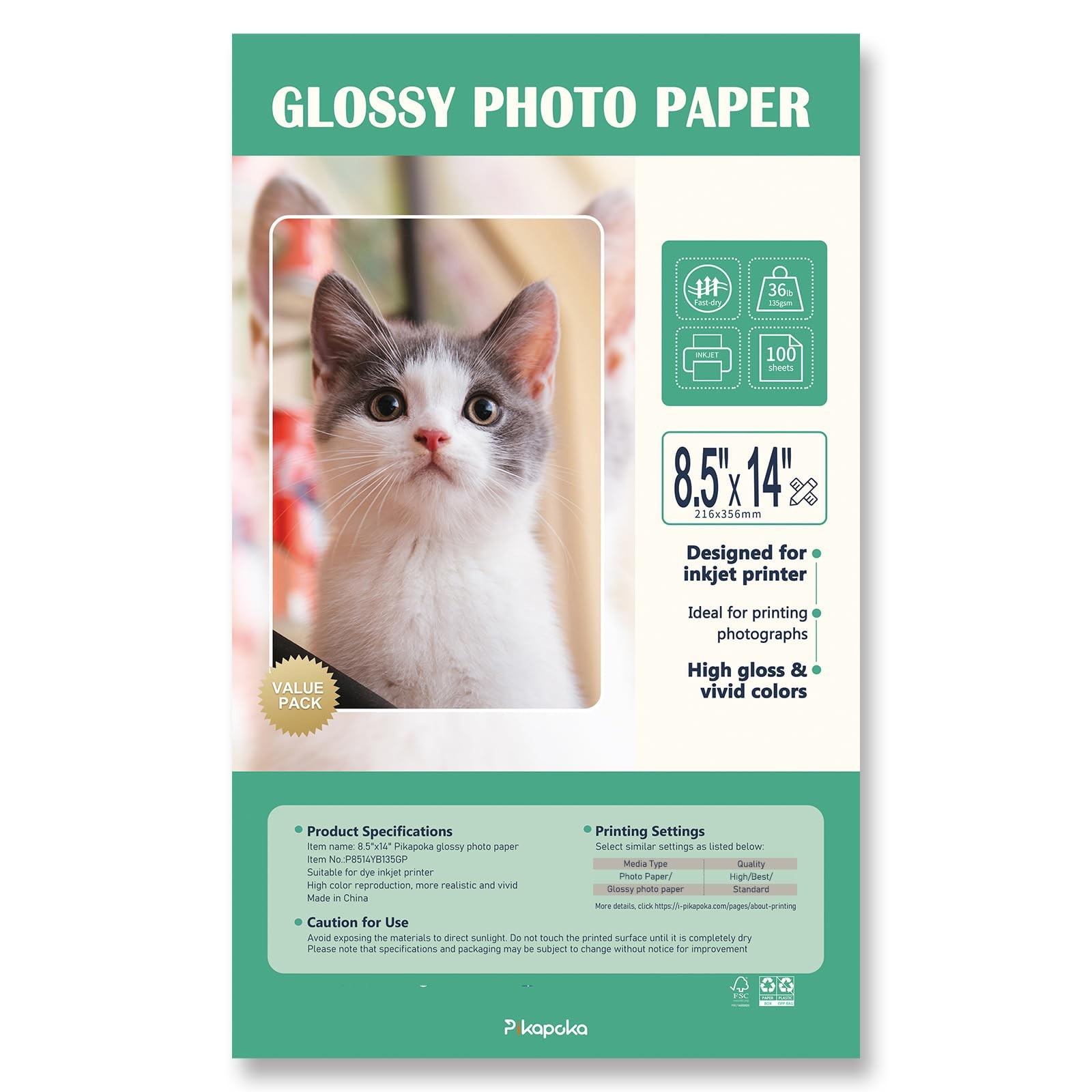 100 PCS Glossy Photo Paper Inkjet Printer 36LB Thin Legal Size 8.5x14 Inch
