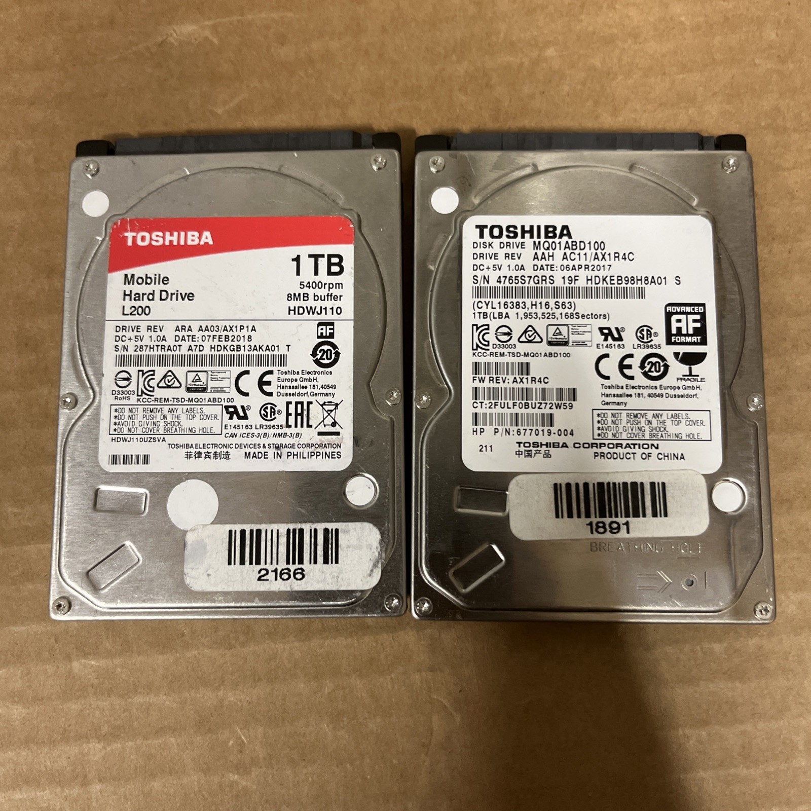 LOT Of (2) Toshiba 1TB Laptop 2.5" SATA Hard Drives L200 HDWJ110, MQ01ABD100