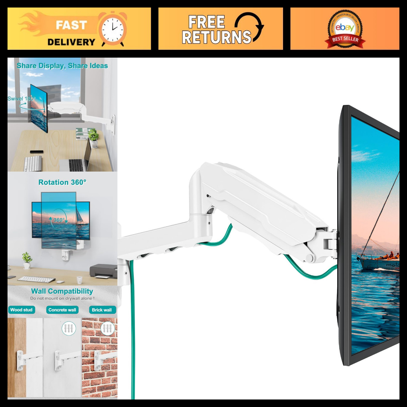 Height Adjustable Full Motion Wall Mount for 13-32" Monitors, VESA 75/100, White