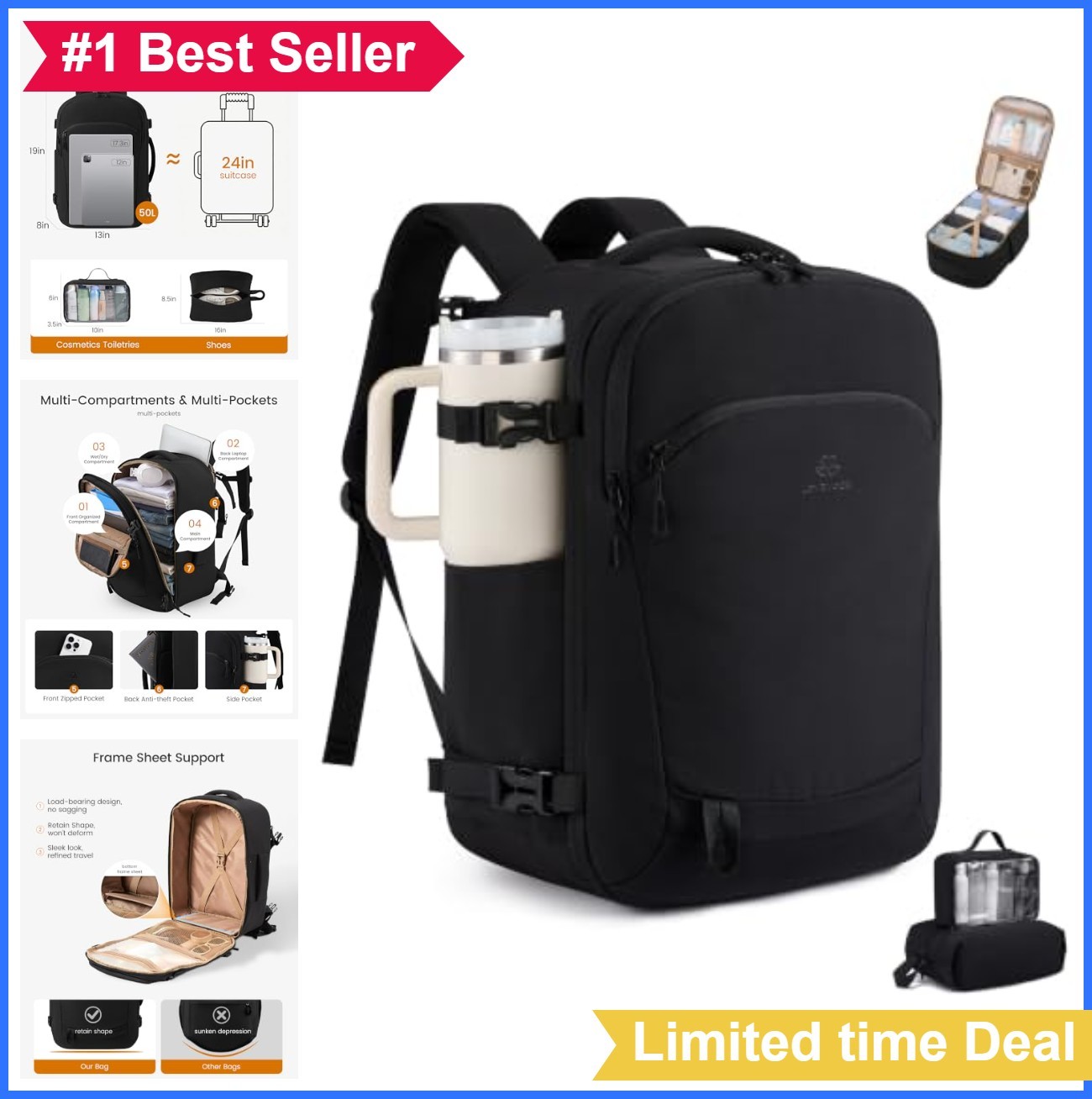 Carry On Backpack 50L Airline Approved 17 Inch Laptop Travel Water Resistant