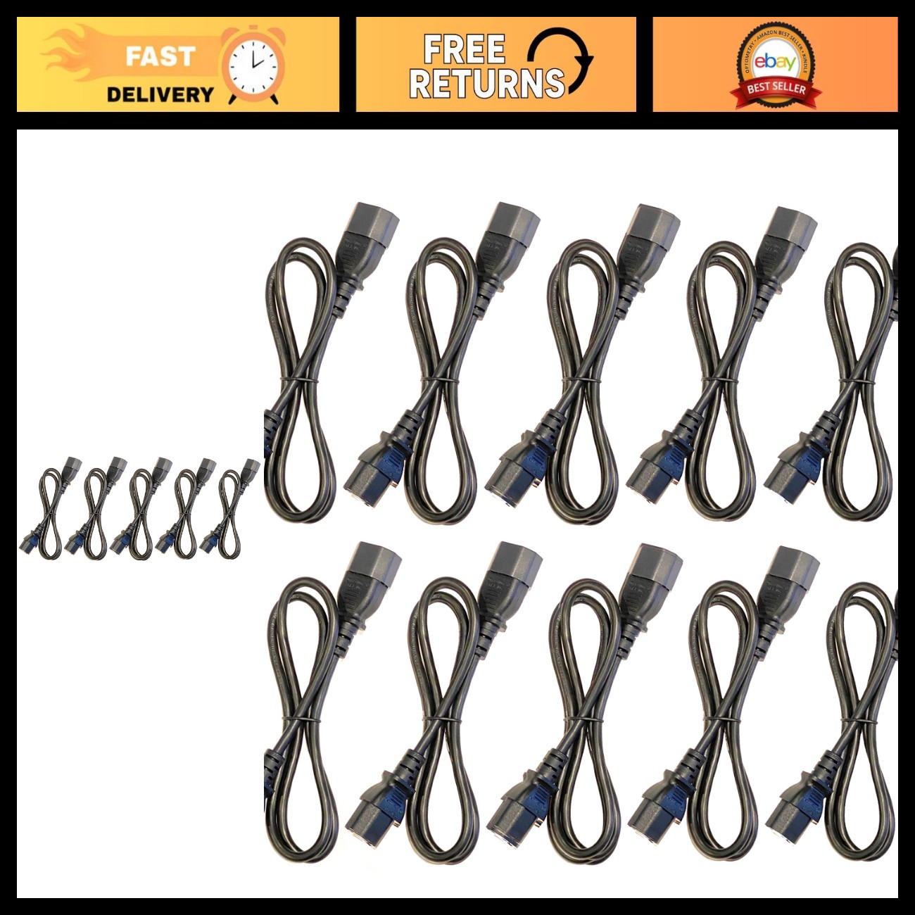 10 Pack 3ft IEC 320 C13 C14 10A 18AWG AC Power Cables for PDU & CPU Devices