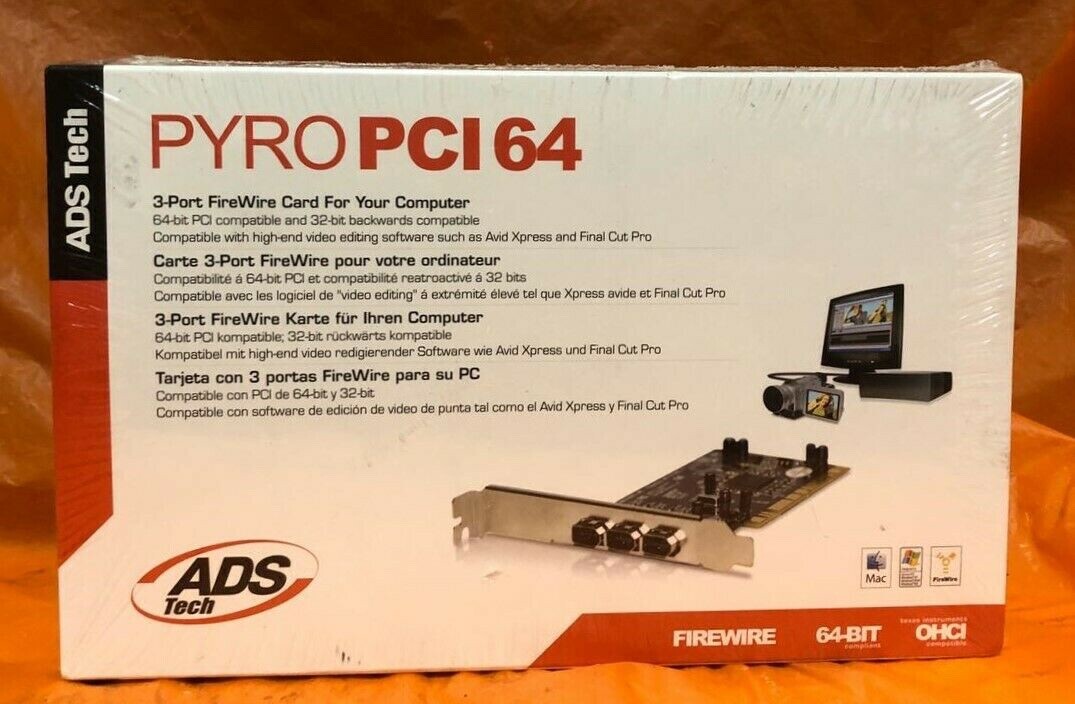 ADS Tech PYRO PCI 64 3-port Firewire Expansion Card 64 Bit 1394a - SEALED IN BOX