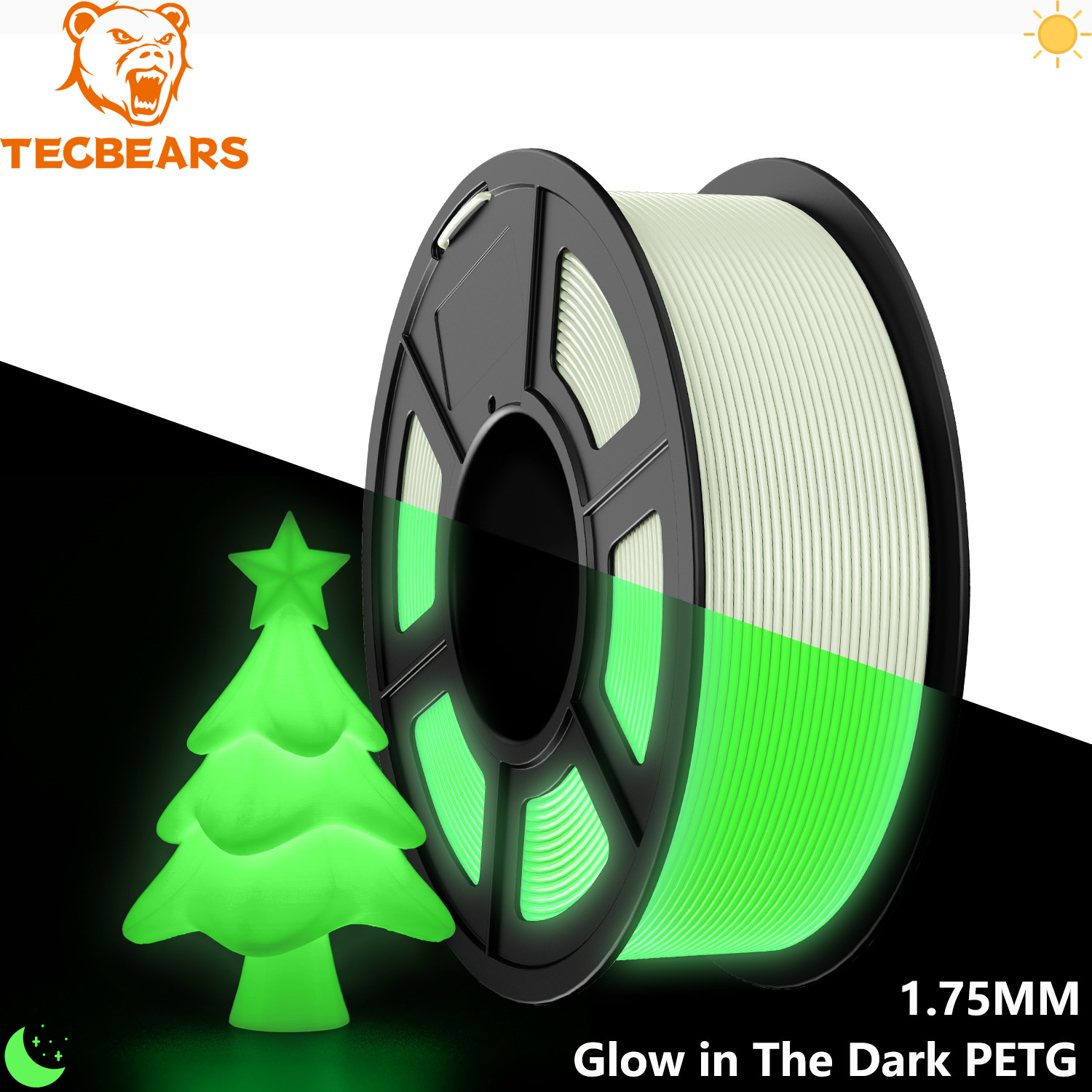 TECBEARS Glow in The Dark PETG Filament 1.75mm White to Glow Gree 3D Printer 1KG