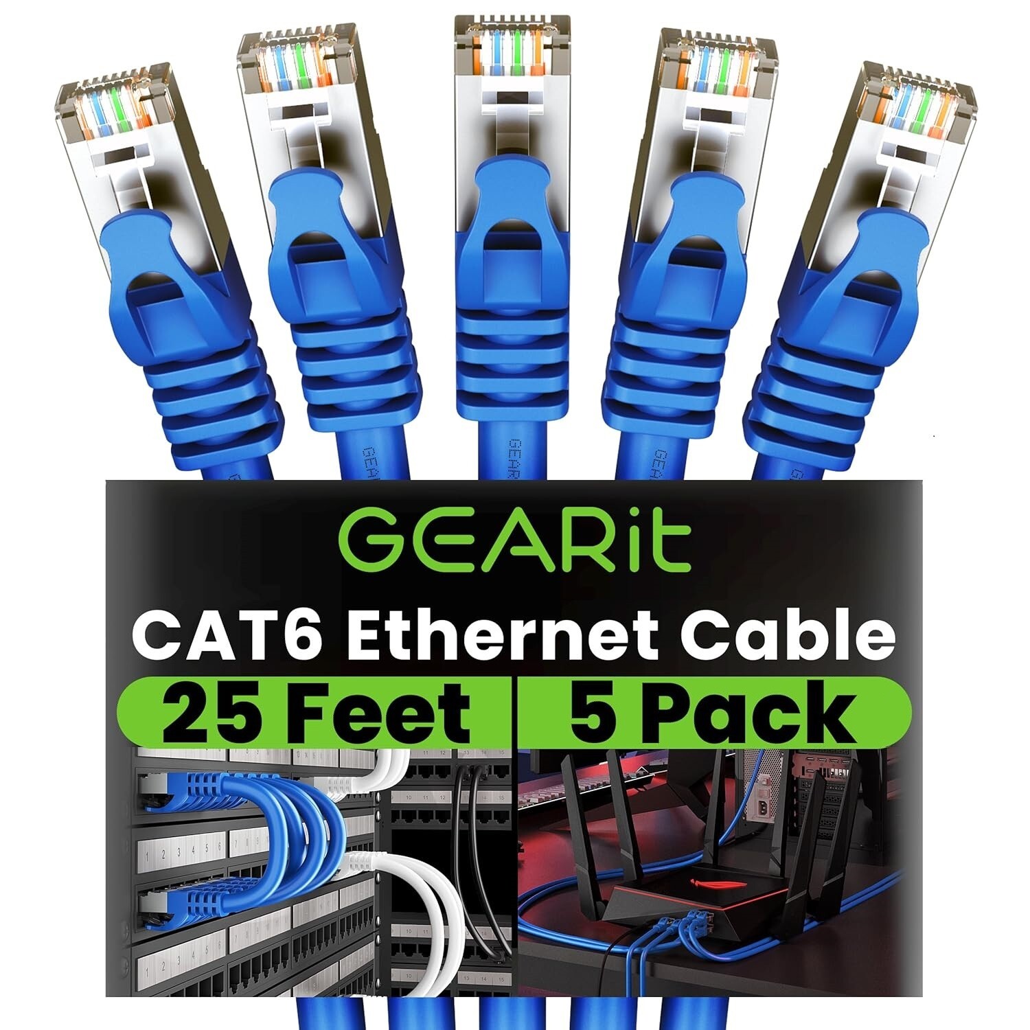 GearIT Cat 6 Ethernet Cable 25Ft (5-Pack) - Cat6 Patch Cable, Cat 6 Patch Cable