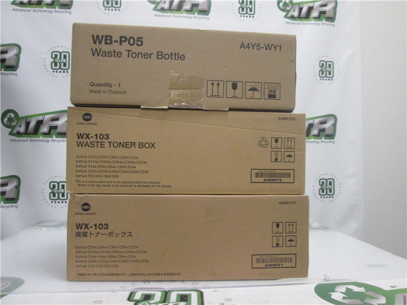 Konica Minolta Waste Toner Cartridges WX-103 (2x) and WB-P05 (1) Sealed Lot of 3