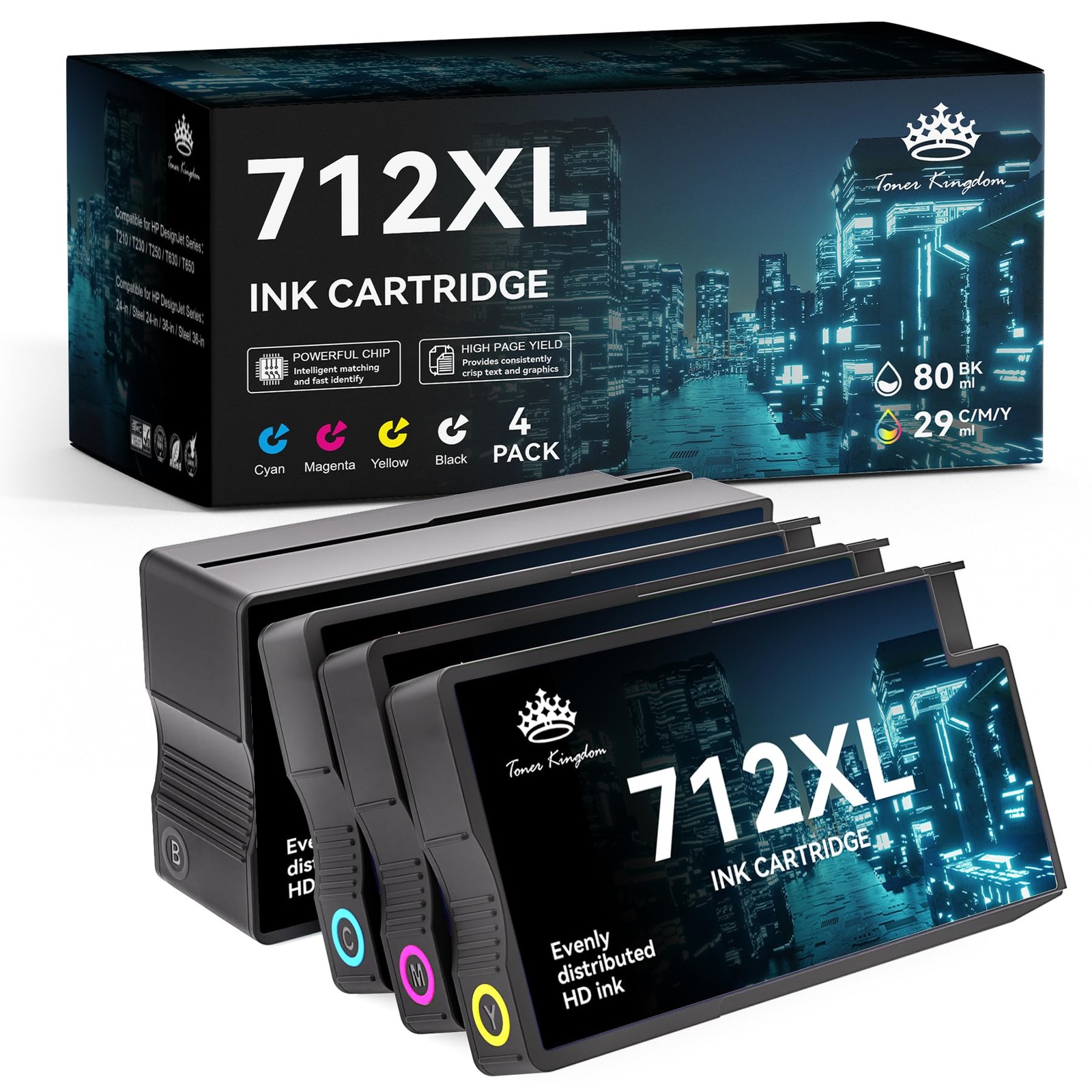 ** NEW HP Ink | 712XL / 712 XL | Black/Color | With Chip | Compatible | 4-Pack