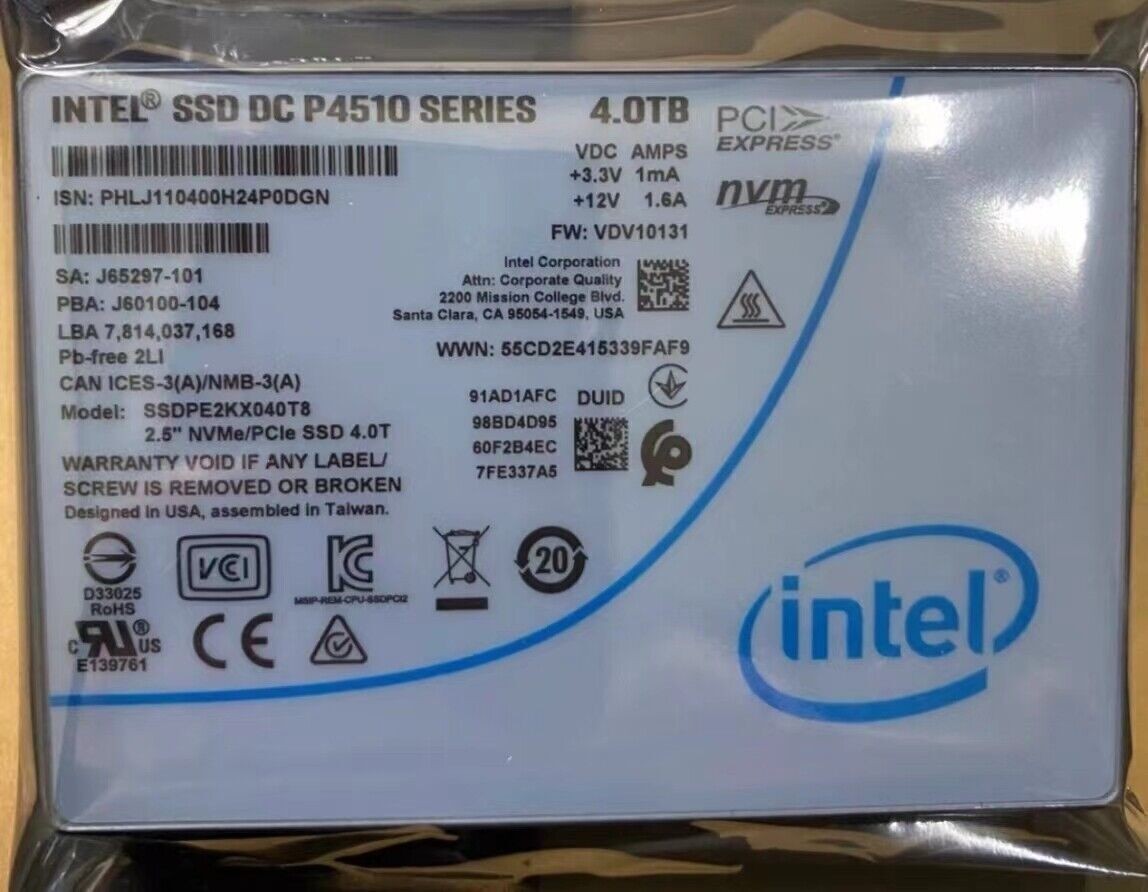 Intel SSD 4TB P4510 Series DC NVME U.2 SSDPE2KX040T8 Solid State Drive