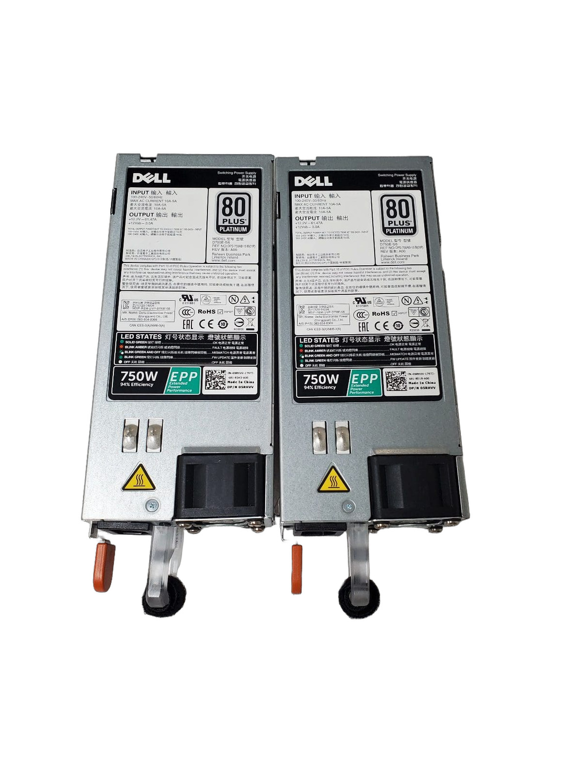 Lot of 2 Matched Pair Dell 750W 80+ Platinum EPP Power Supplies R530|630|R730