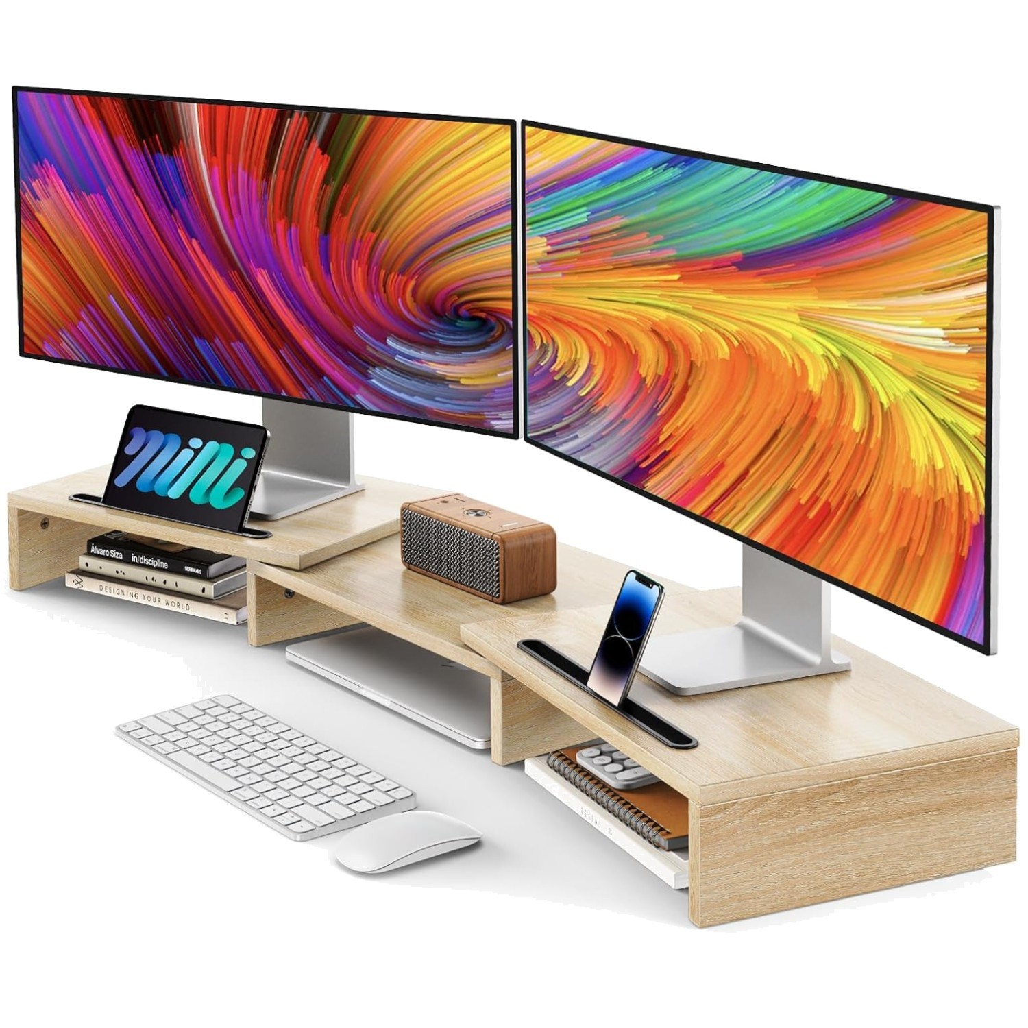 Dual Monitor Stand Riser with Adjustable Angle - Light Wood