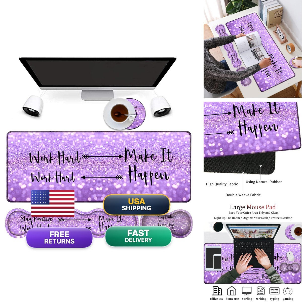 RVHOEZZM RVH-R16-Mouse 15 Gaming Mouse Pad Set Purple Wrist Rest