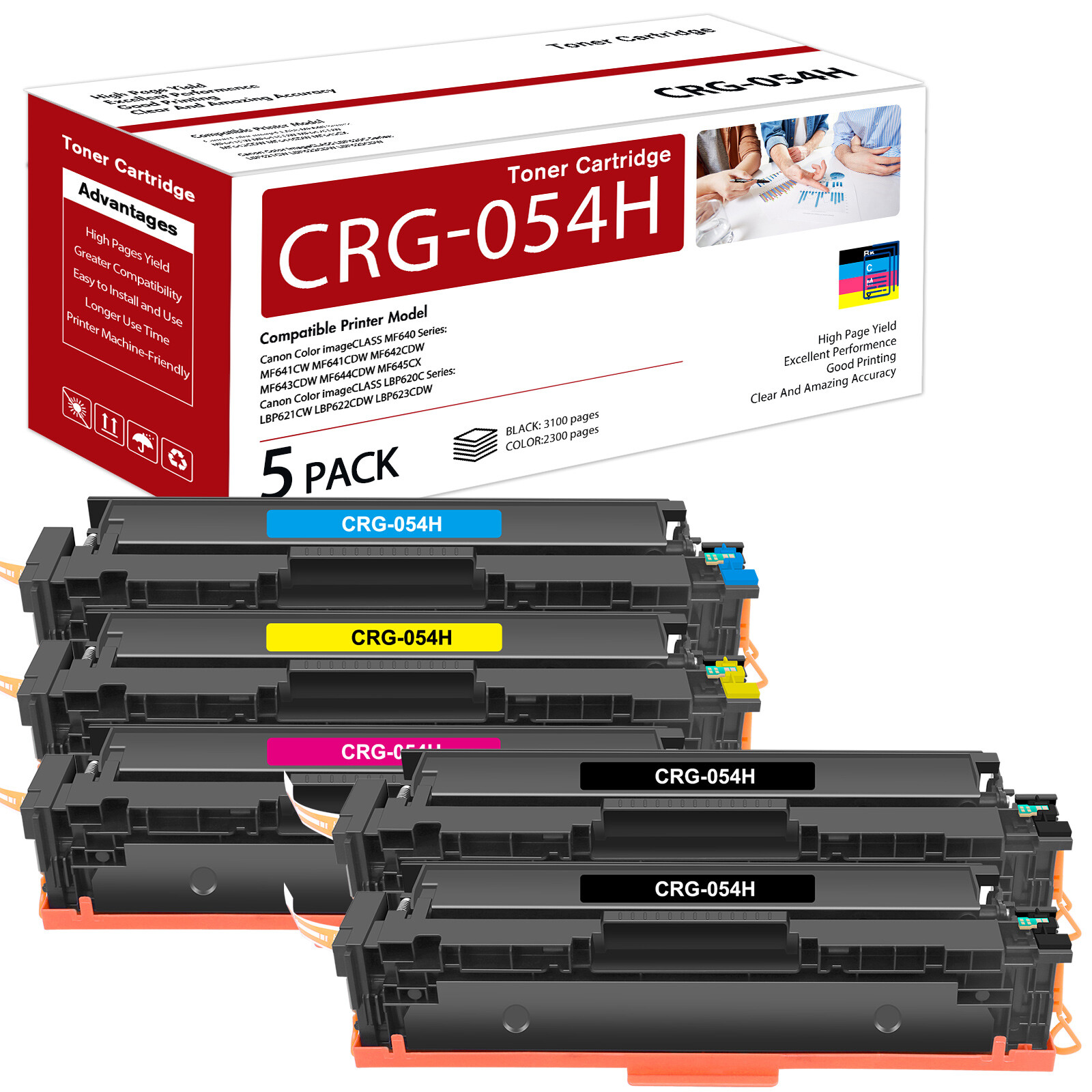5PK CRG054 054H Toner For Canon Color Imageclass LBP622CDW Printer With New Chip