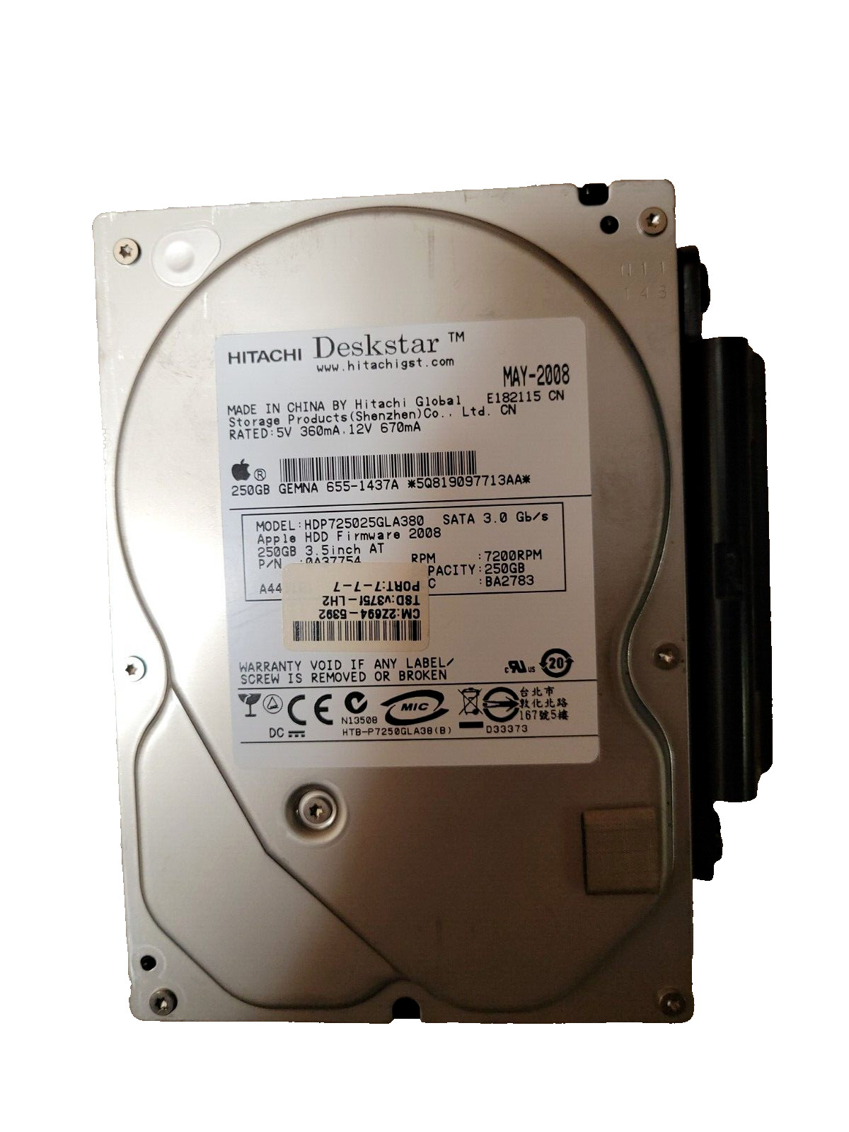 Hitachi HDP725025GLA380 PN:0A37754 MLC:BA2783 Apple#655-1437A 250GB SATA 3.5"HDD