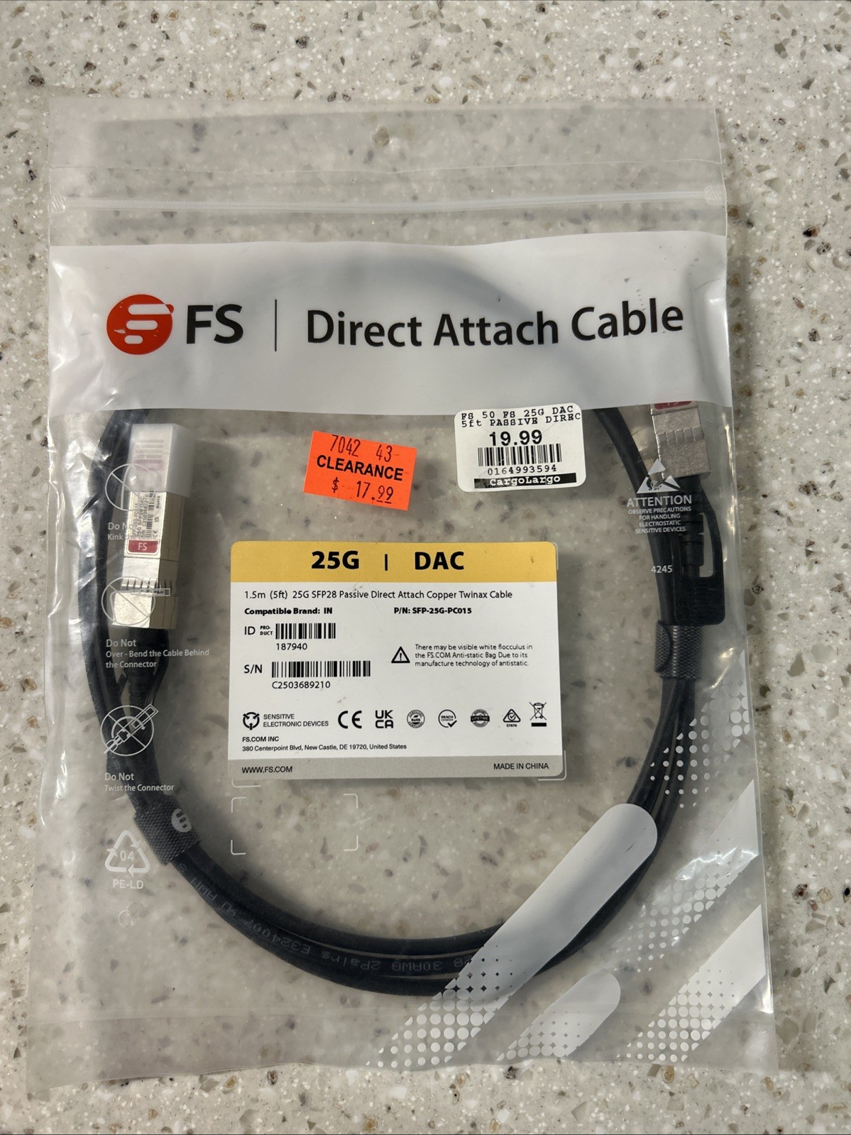 FS SPF-25G-PC015 25G SFP28 Passive Direct Attach Copper Twinax Cable