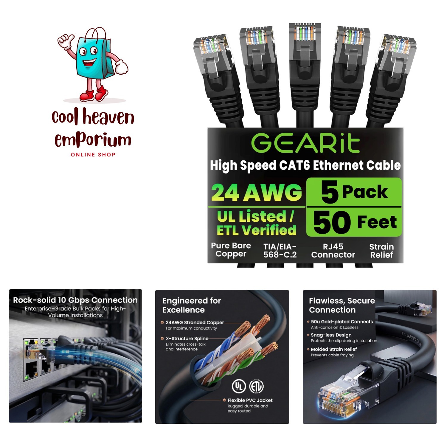 Future-Proof Your Network: 5-Pack Cat 6 Ethernet Cables 50ft Each, 10Gbps Speed