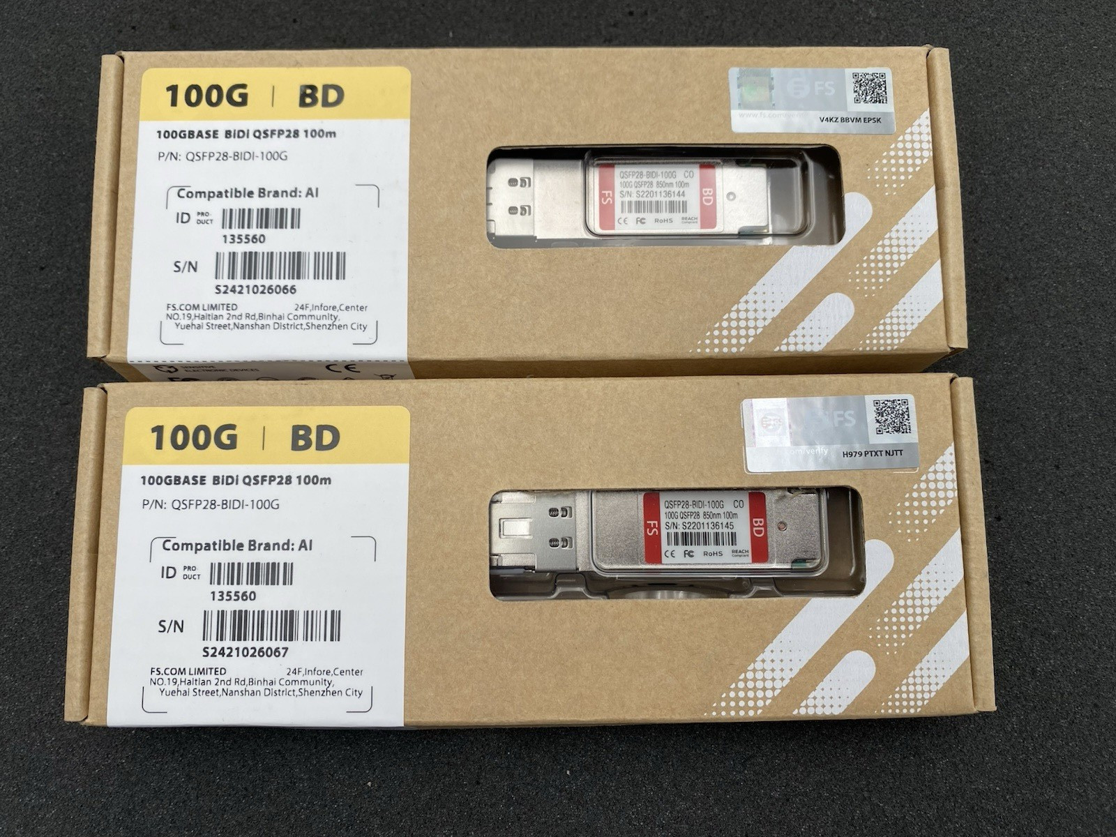 LOT of 2 FS QSFP28-BD-100G 100m Optical Transceiver Module