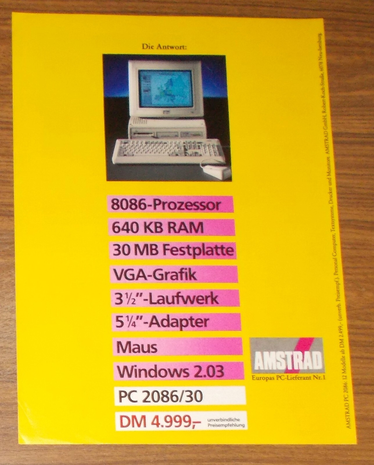 Rare Advertising AMSTRAD PC 2086/30 Personal Computer 1988