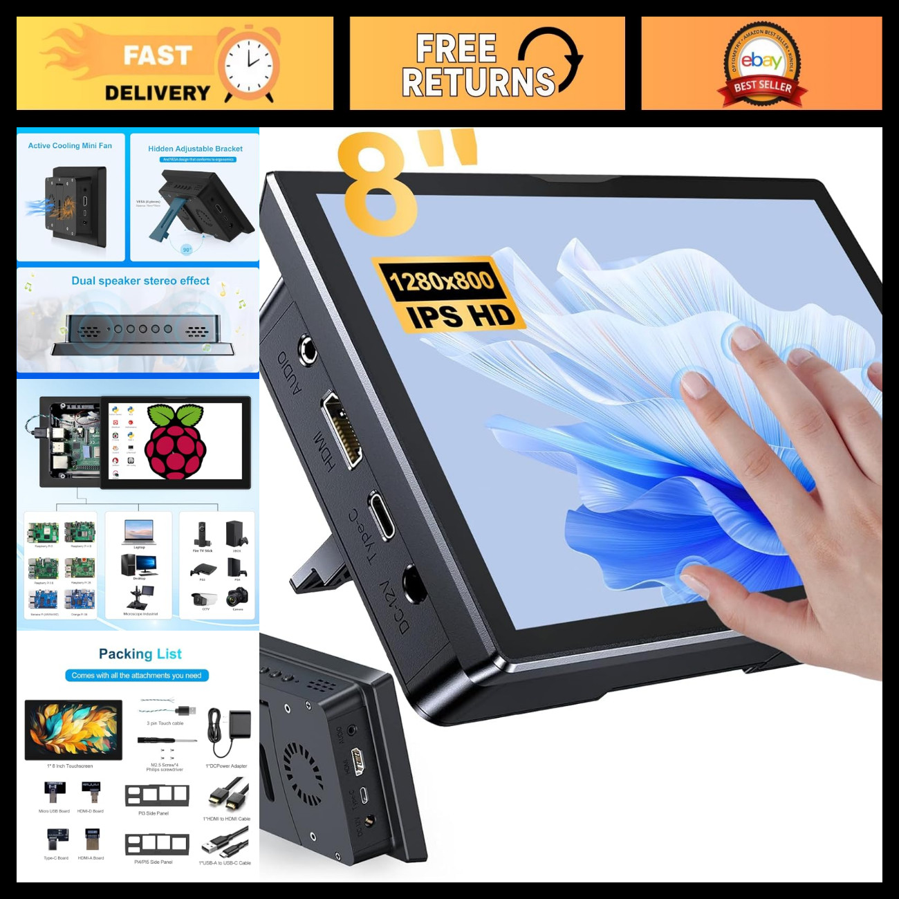 8" IPS Touchscreen Monitor for Raspberry Pi & Jetson Nano, 1280x800, HDMI, Dual