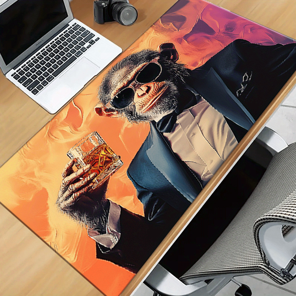 1pc, Extra-large mouse pad, A monkey in suit holding glass of whiskeySuitable