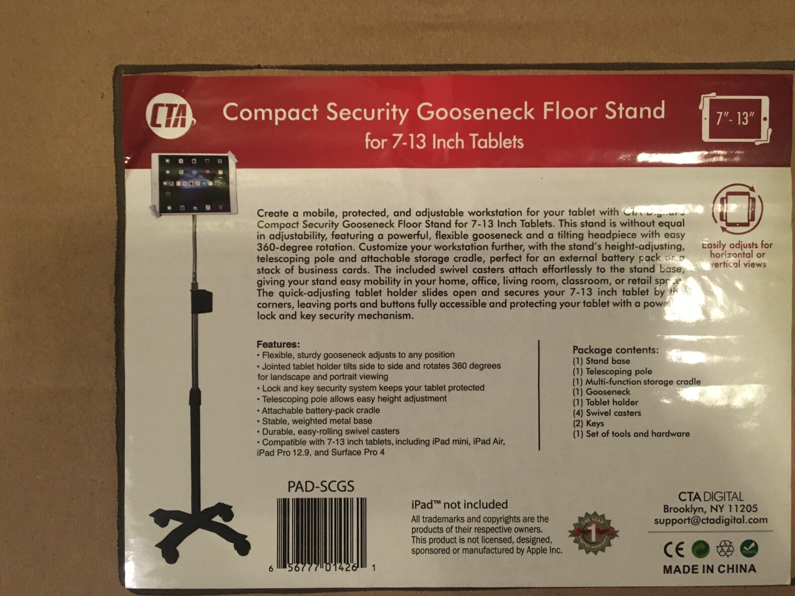 CTA Digital Compact Security Gooseneck Floor Stand for 7-13 Inch Tablets