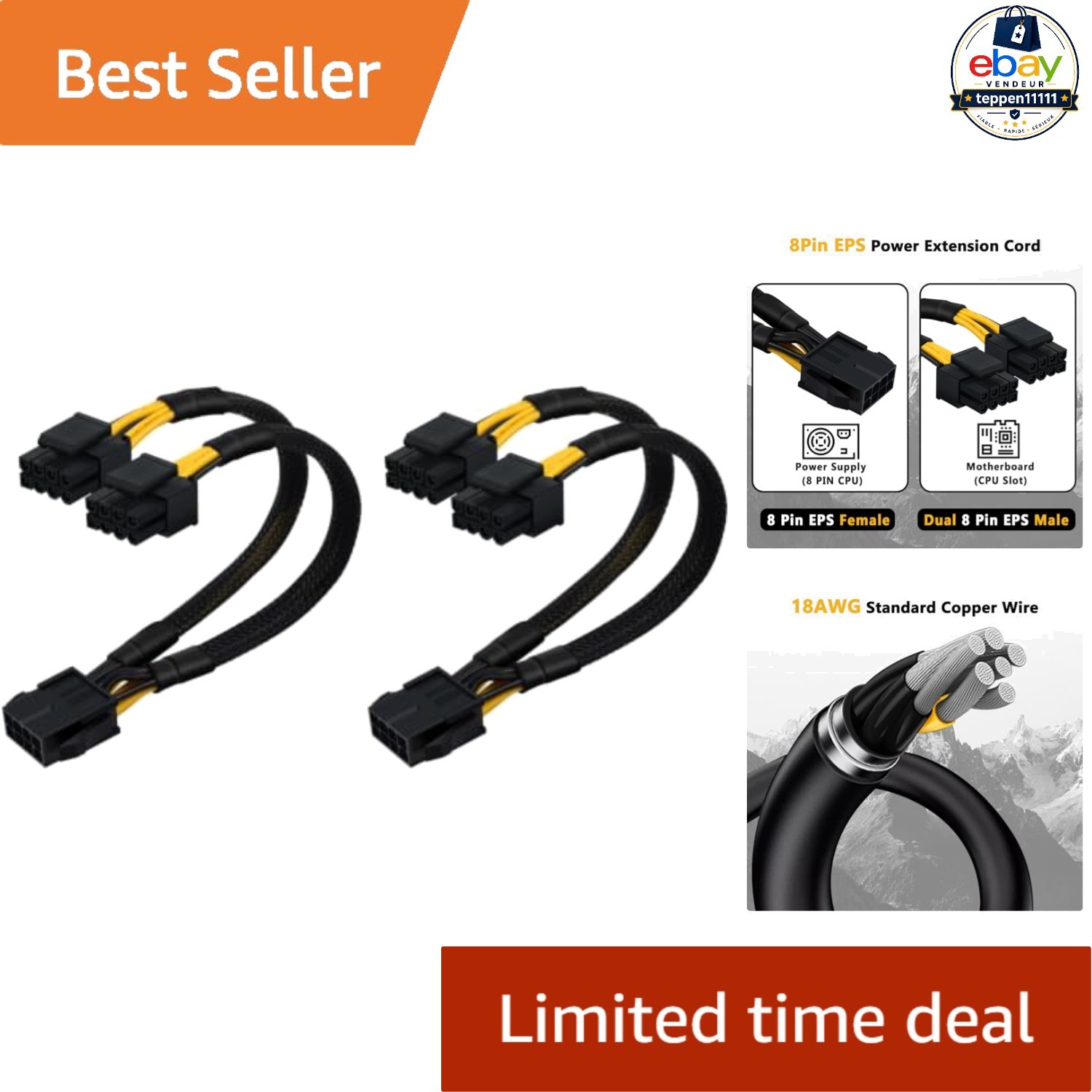 CPU 8 Pin Splitter Cable 9.5 in Pack of 2 EPS 12V Motherboard Power Adapter