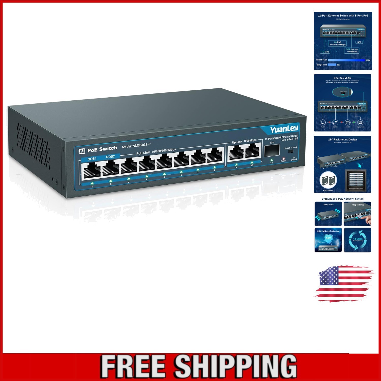Reliable 8 Port PoE Ethernet Switch, 1000Mbps, Metal Construction, QoS Support
