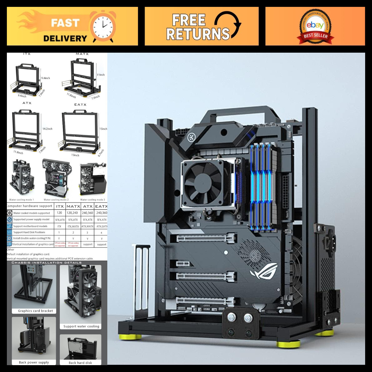 DIY Open Air Test Bench Frame Case for PC, ITX ATX MATX EATX Aluminum Chassis