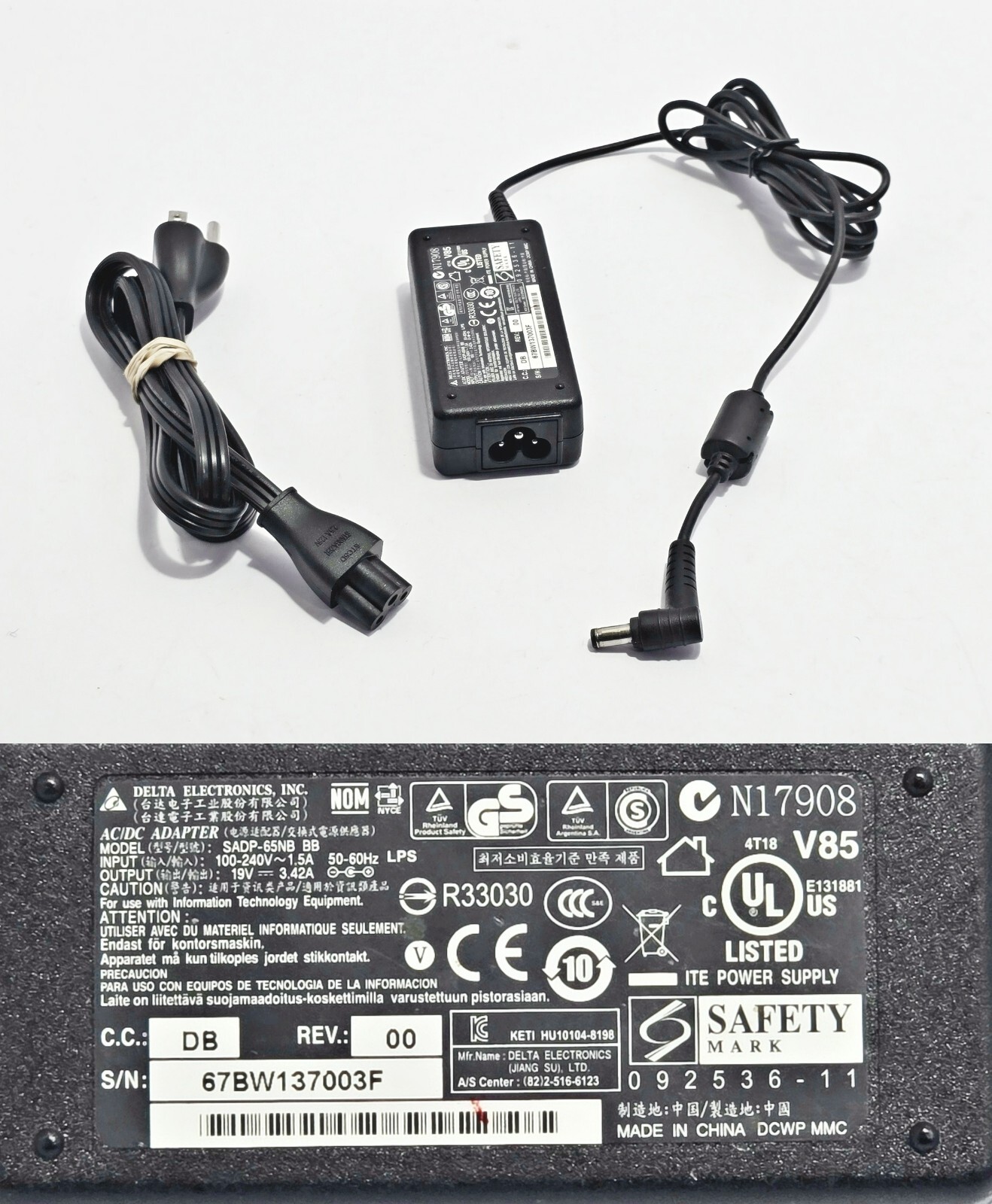 Genuine Delta 65W SADP-65B BB AC Adapter Power Supply 19V 3.42A Black Tip OEM