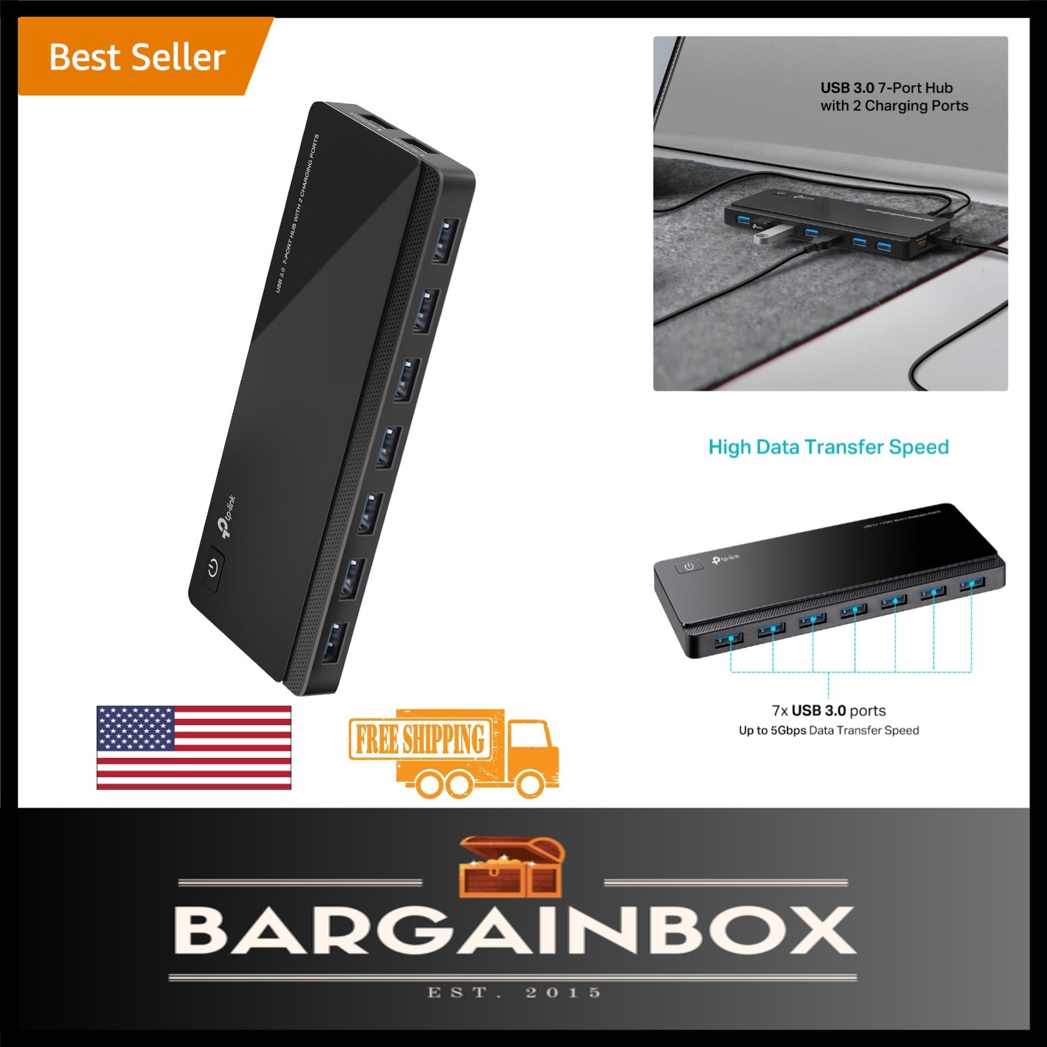 Sleek Powered USB Hub 3.0: 7 Data Ports, Fast 5Gbps Transfers, On/Off Control
