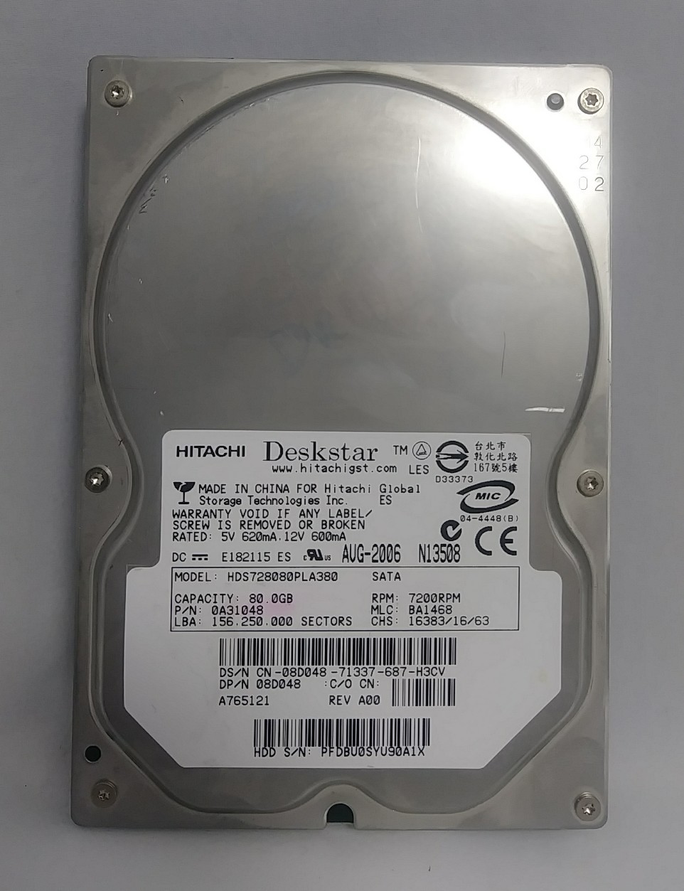 Hitachi GST Deskstar HDS728080PLA380 80GB 7200 RPM 8MB Cache SATA 3.0Gb/s 3.5" 