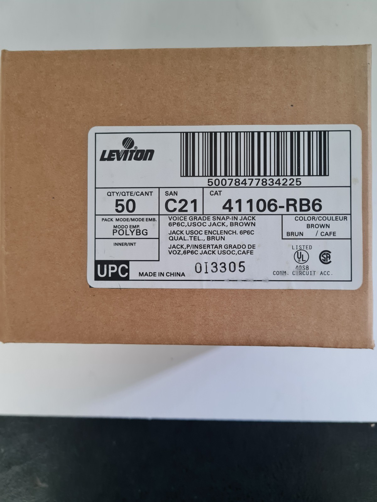 Leviton 41106-RB6 Voice Grade QuickPort Connector, Brown