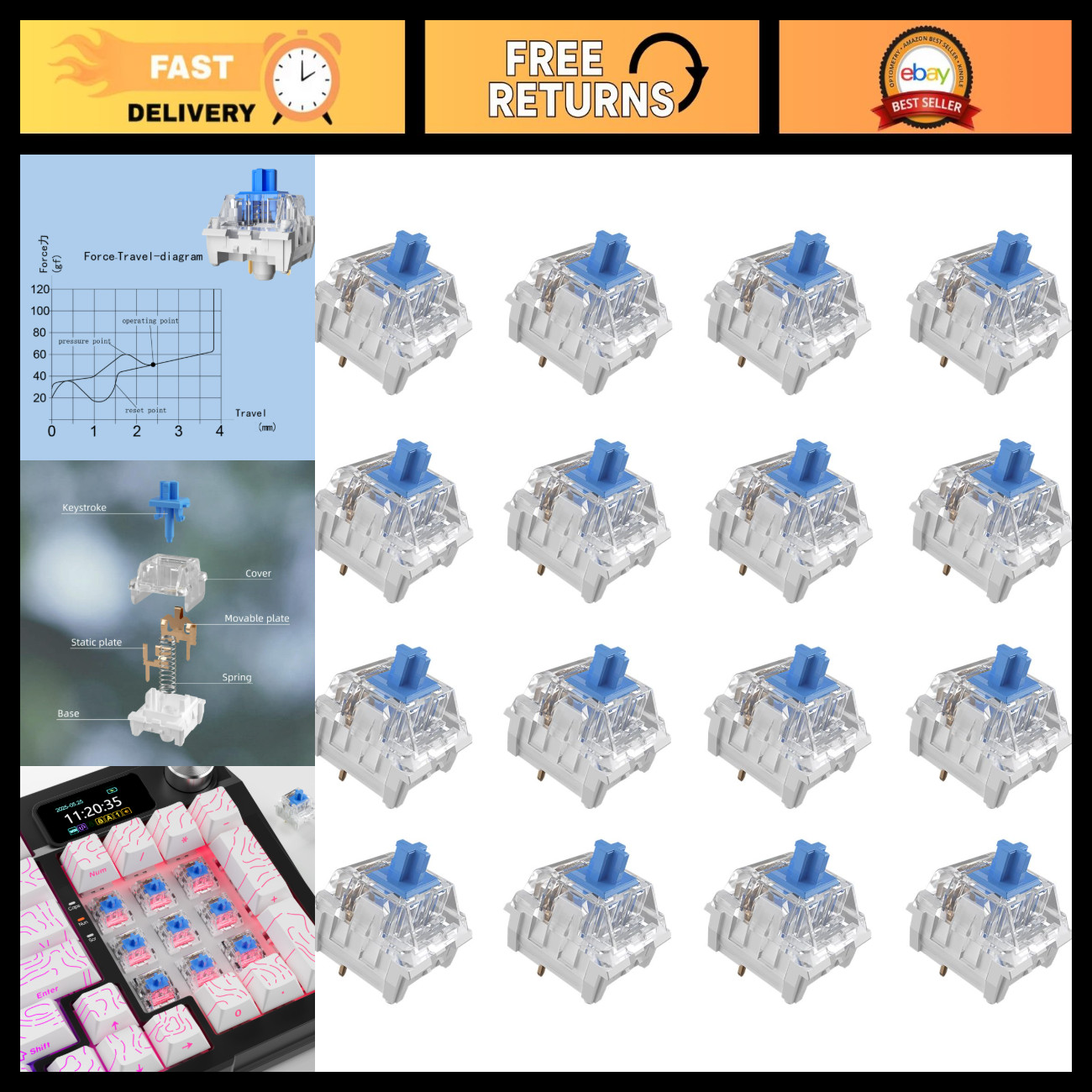 108Pcs Clickers for 3D Prints - Blue Clicky Keyboard Switches, Mechanical Feel