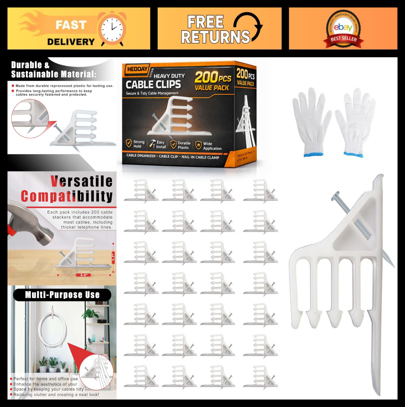 200 Pcs Cable Staples Clips with Steel Nails, Multi-Cable Stackers for Wiring