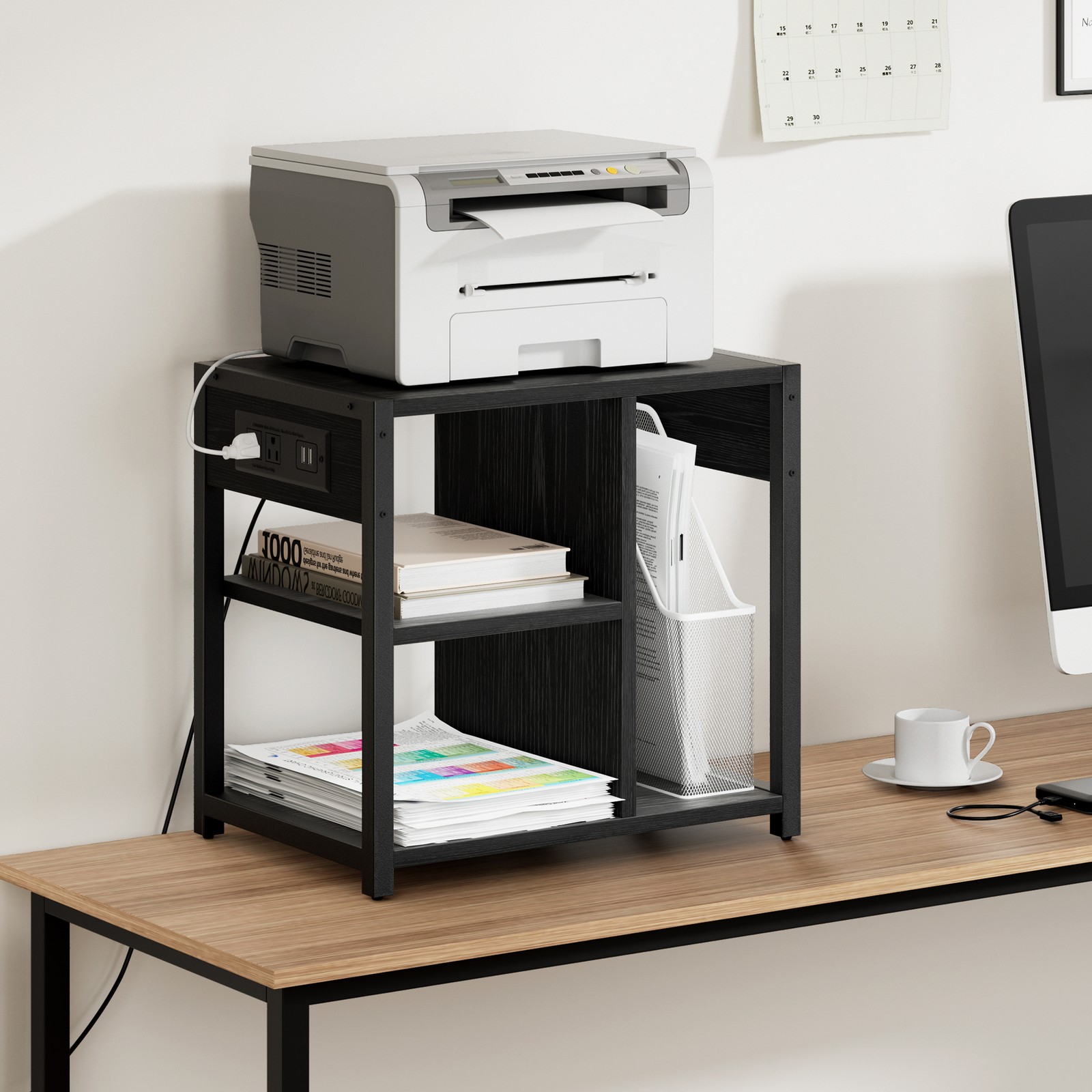 Power Outlets Printer Stand Small Mobile Utility Storage Cart Under Desk Home