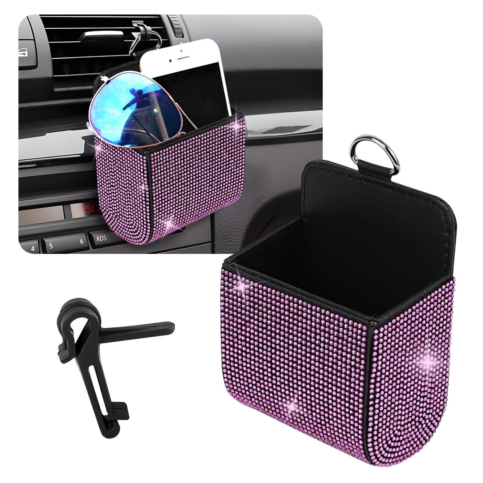 Car Vent Storage Organizer, Rhinestone Auto Air Vent Leather Storage Pouch, B...