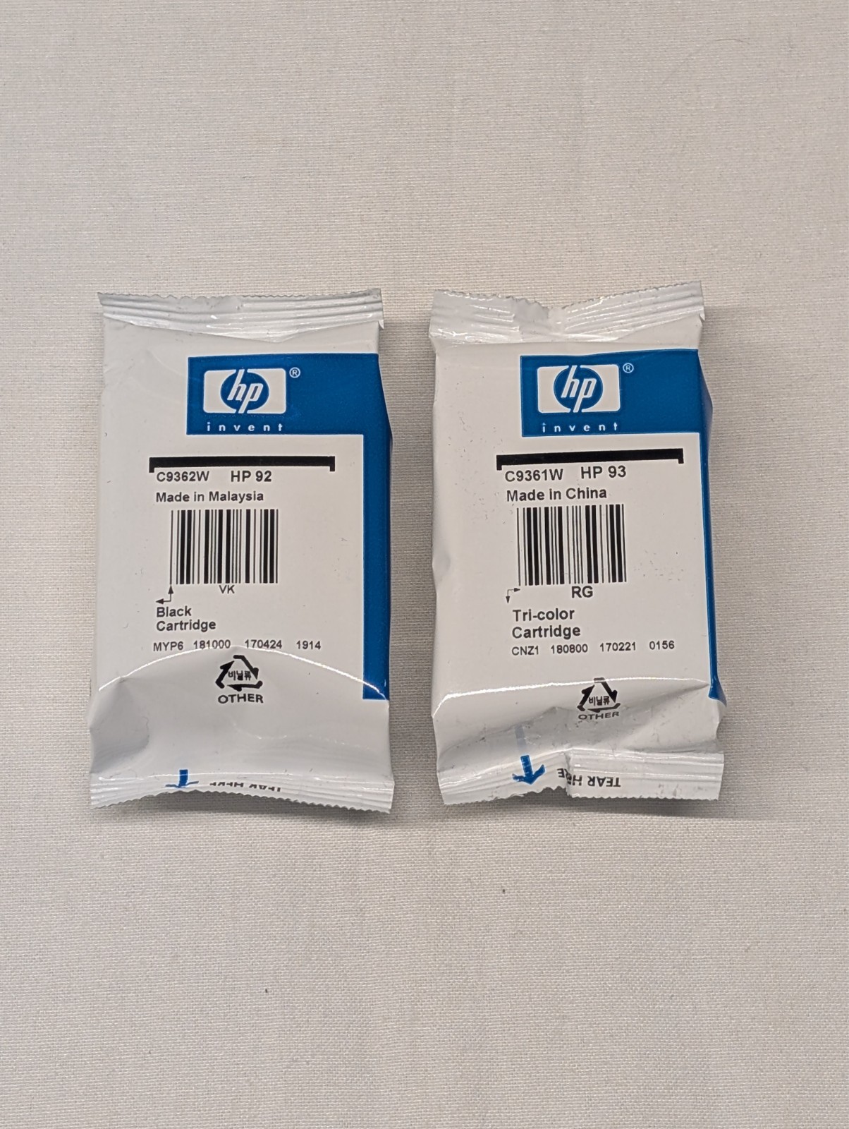 Lot of 2 HP Invent 92 Black & 93 Tri-Color Ink Cartridges No Box Factory Sealed