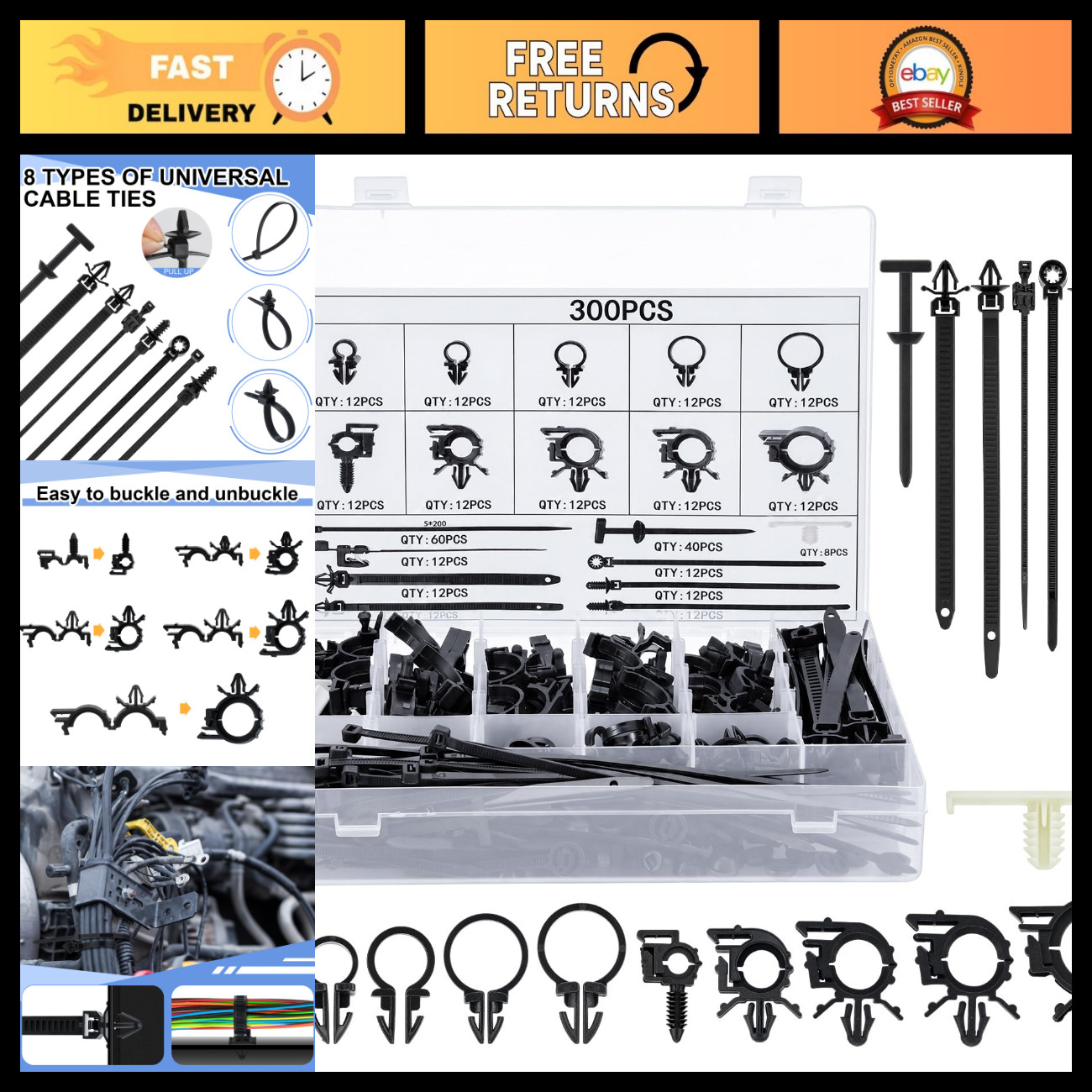 300 Pcs Wire Loom Clips - 15 Sizes Push Mount Cable Management for Cars