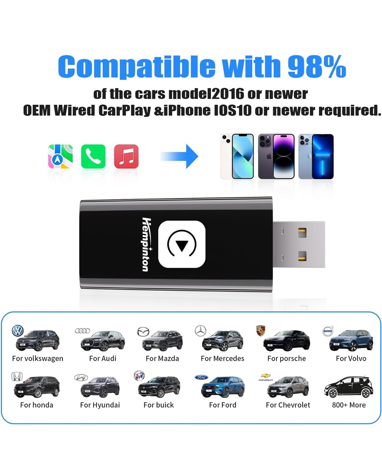 Newest USB Wireless CarPlay Adapter Dongle For Apple iPhone Plug and Play 2024