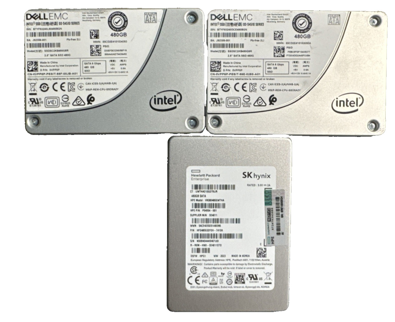 Lot of 3 Mixed Brands Dell EMC Intel SSDSC2KB480G8R 480GB 2.5" RI SATA SSD