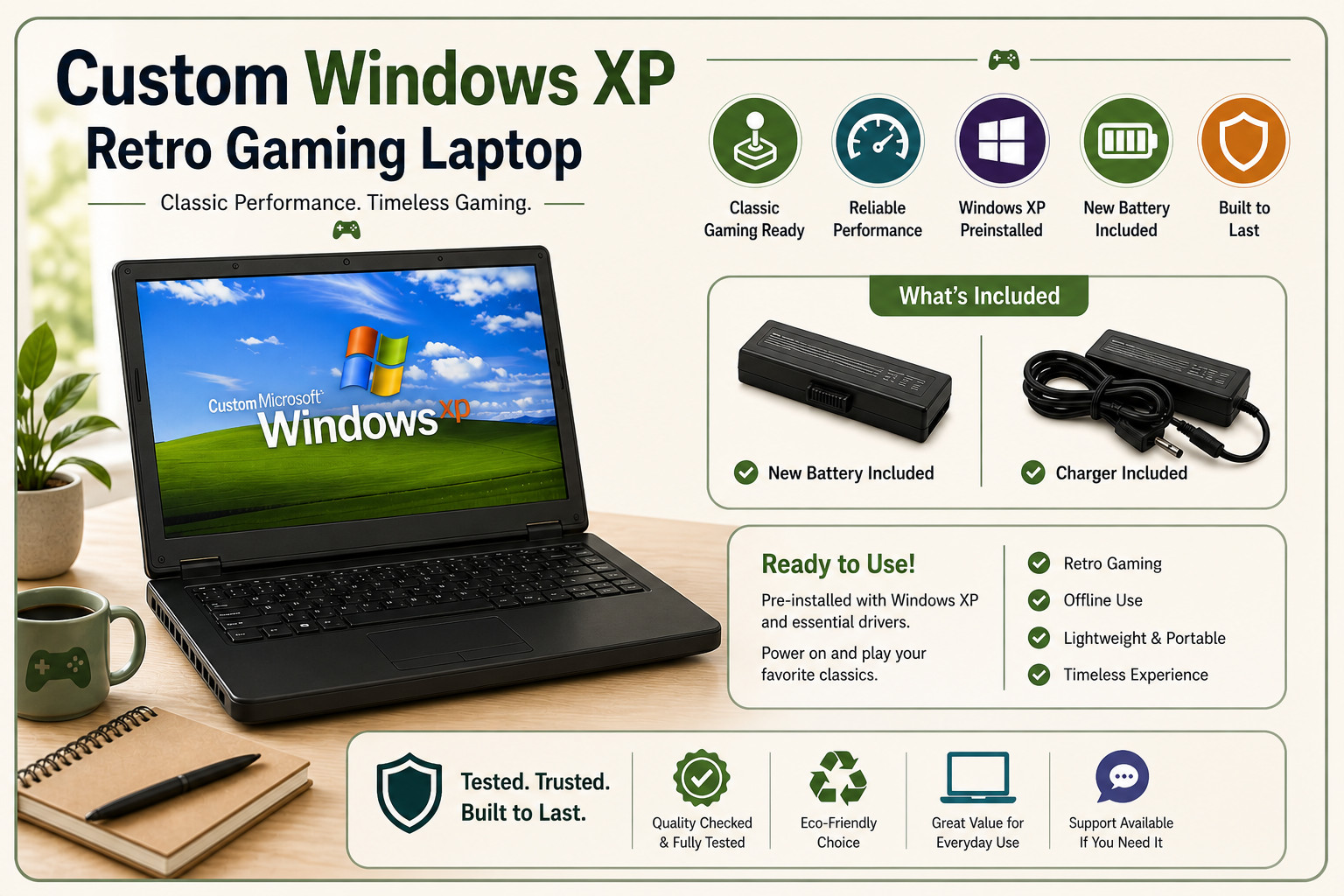 Custom Windows XP Retro Gaming Laptop With Charger & Battery 