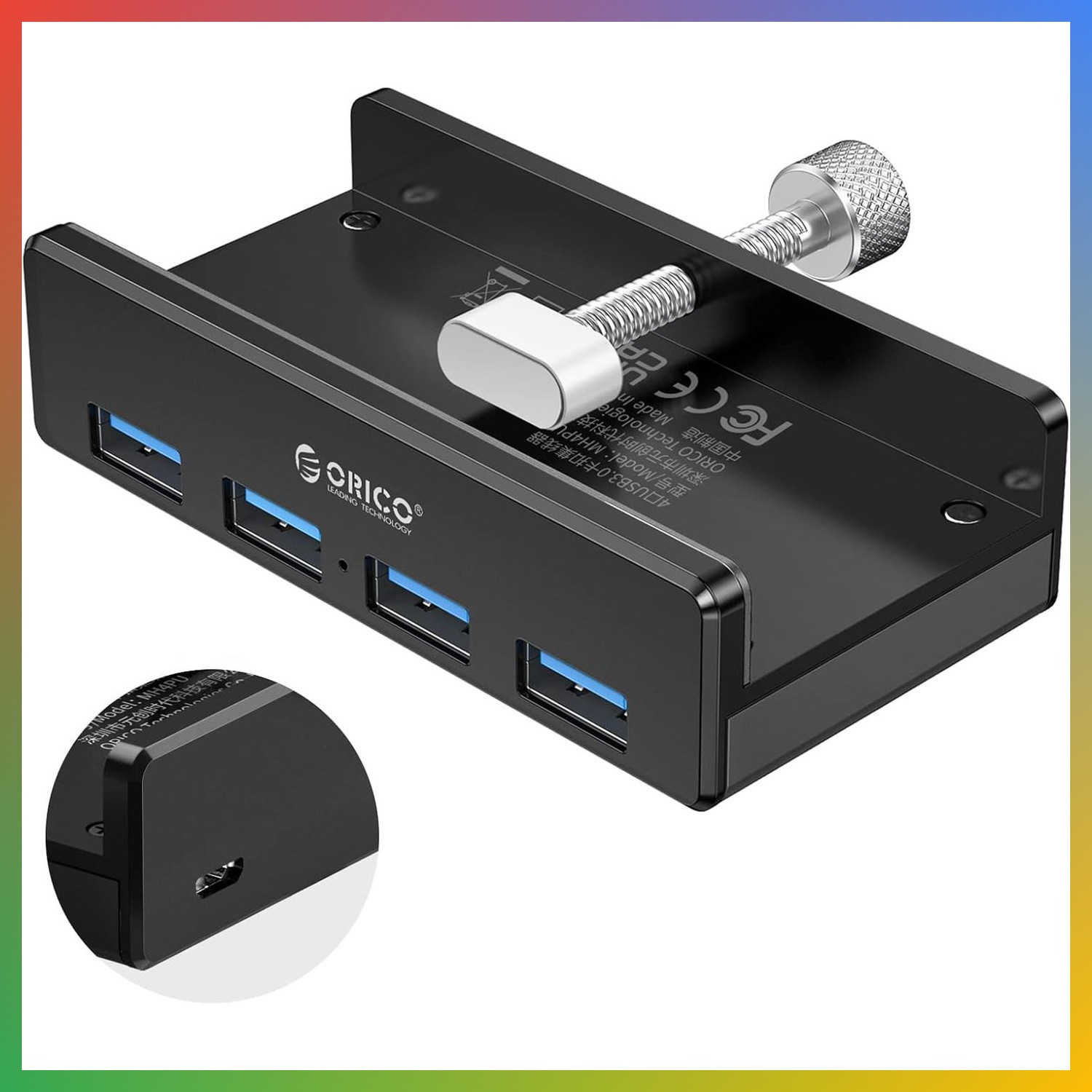 USB Hub Clamp 4 Port USB 3.0 Aluminum Desktop Mount Black 5Gbps