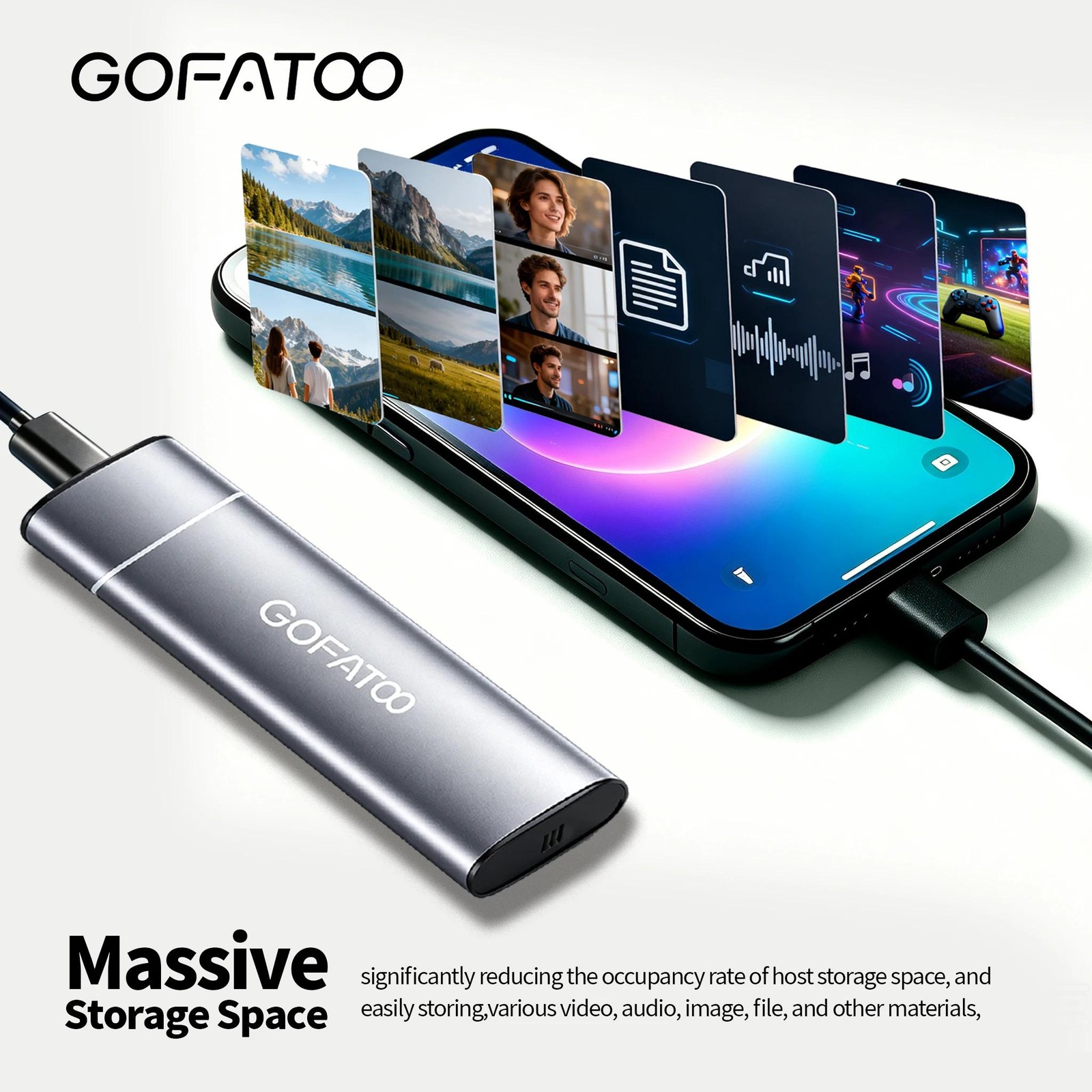 GOFATOO Portable External SSD 1050MB/s USB3.2 Gen2 Silver Gray 512GB 1TB 2TB